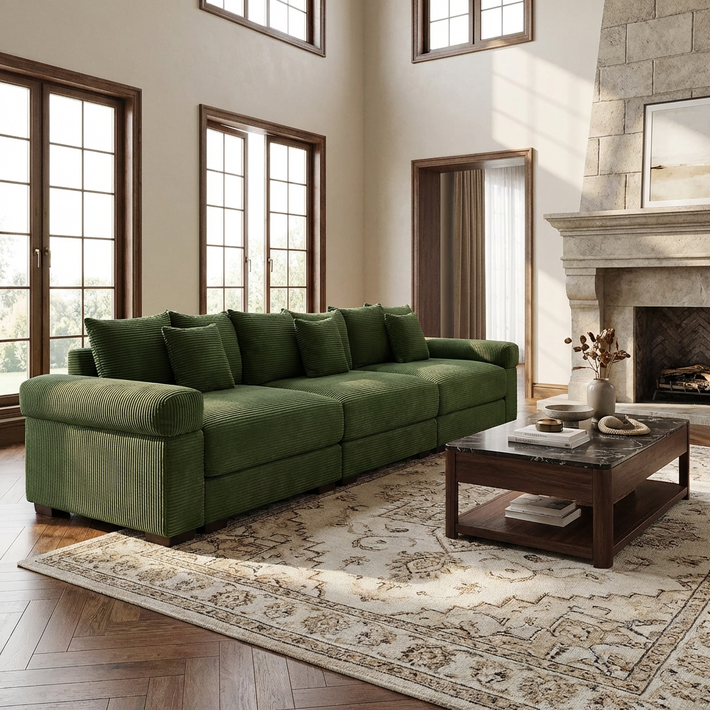 Albany 130" Modular Corduroy Cloud 4-Seater Sofa with Extra-Thick Armrests