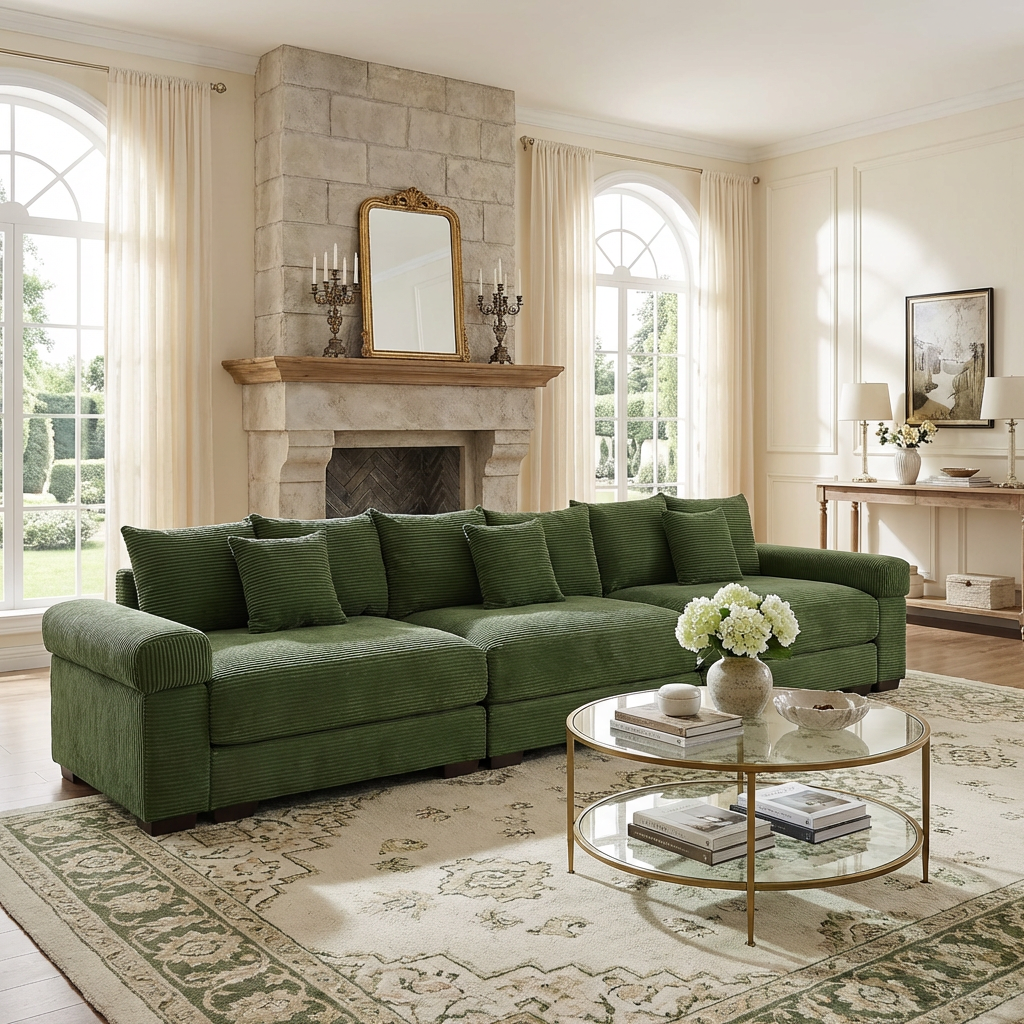 Albany 130" Modular Corduroy Cloud 4-Seater Sofa with Extra-Thick Armrests