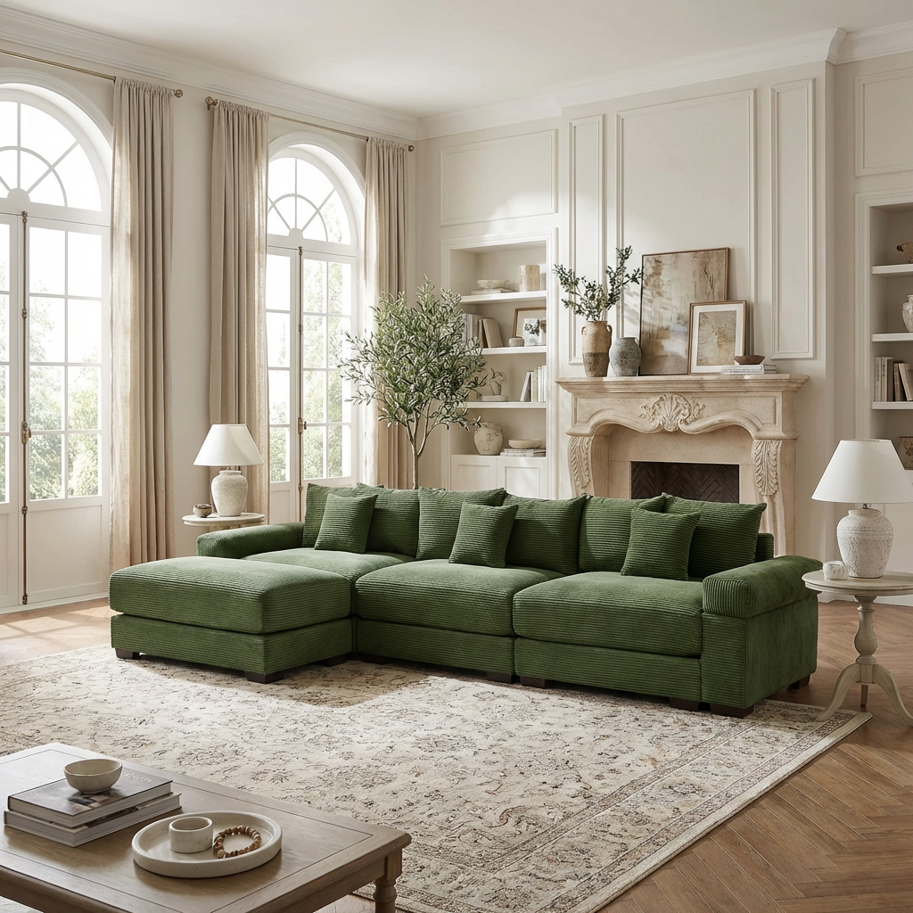 Albany 130" Modular Corduroy Oversized Cloud L-Shaped Sectional Sofa with Ottoman