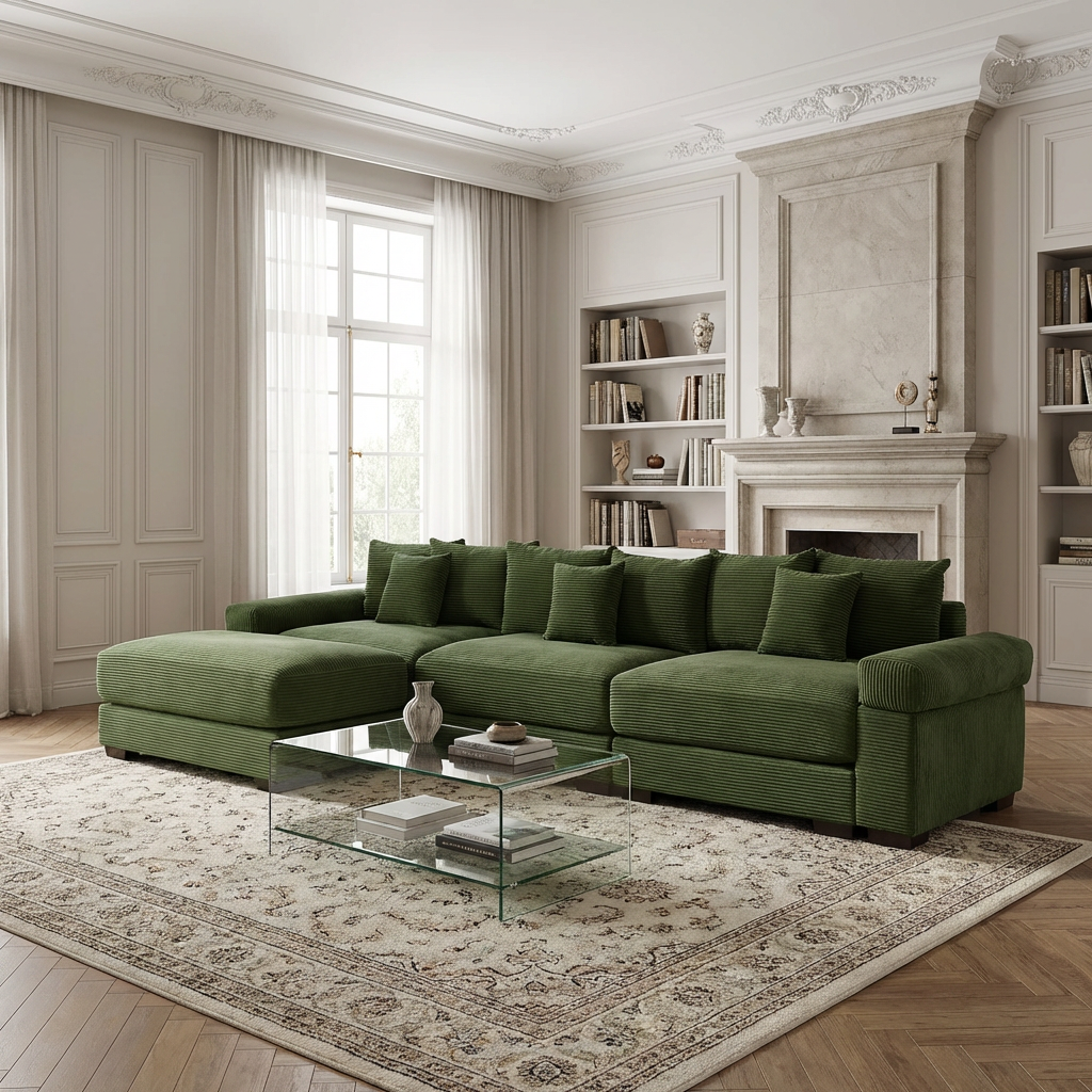 Albany 130" Modular Corduroy Oversized Cloud L-Shaped Sectional Sofa with Ottoman