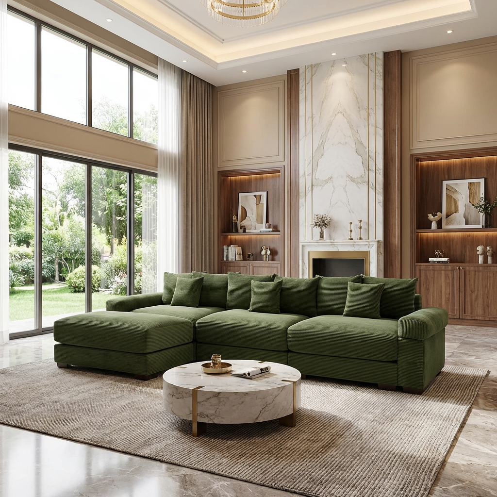 Albany 130" Modular Corduroy Oversized Cloud L-Shaped Sectional Sofa with Ottoman