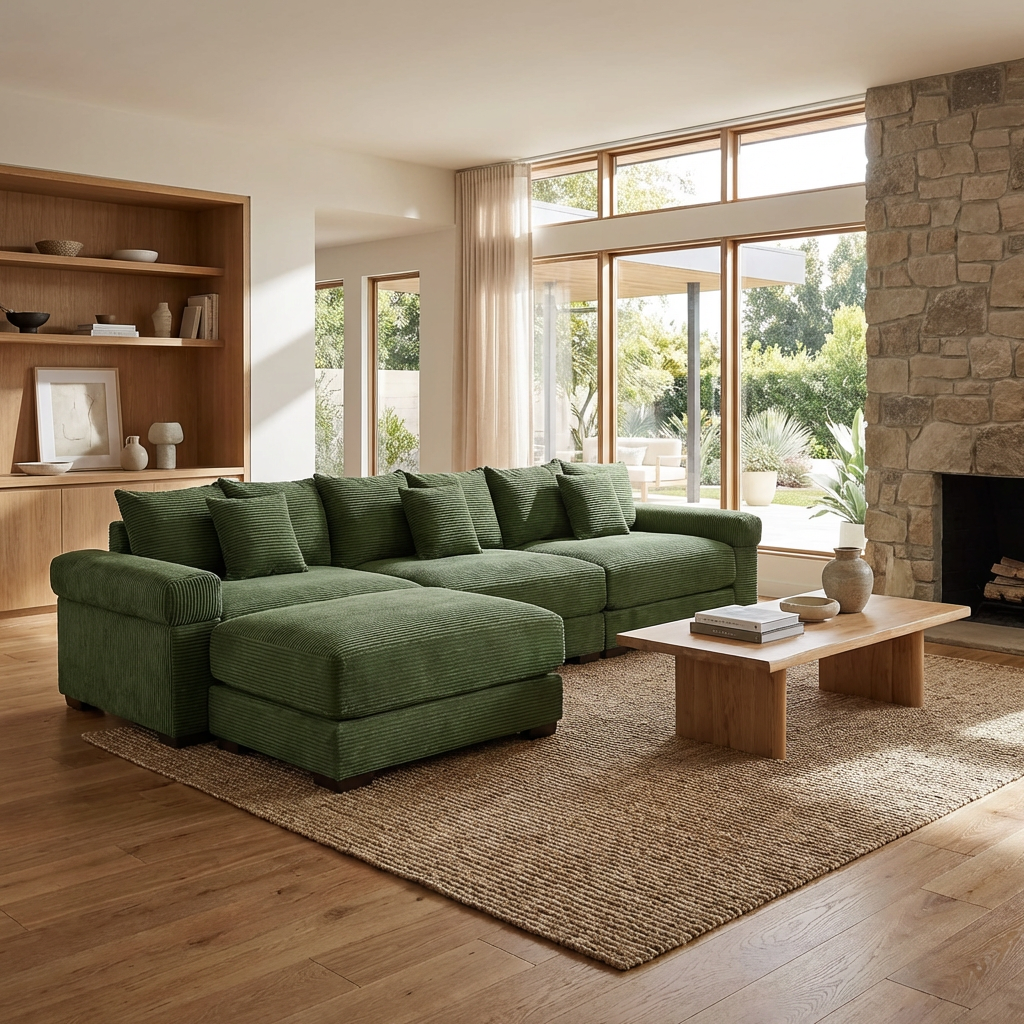 Albany 130" Modular Corduroy Oversized Cloud L-Shaped Sectional Sofa with Ottoman
