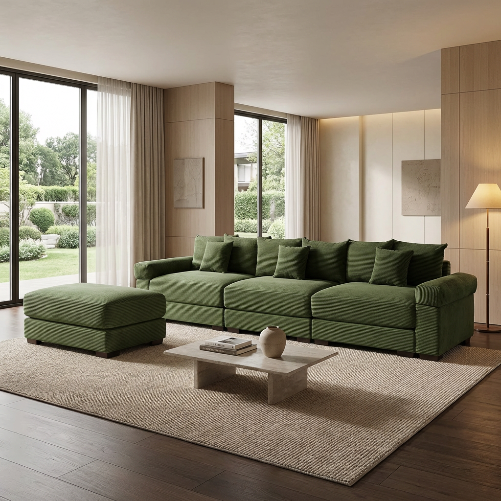 Albany 130" Modular Corduroy Oversized Cloud L-Shaped Sectional Sofa with Ottoman