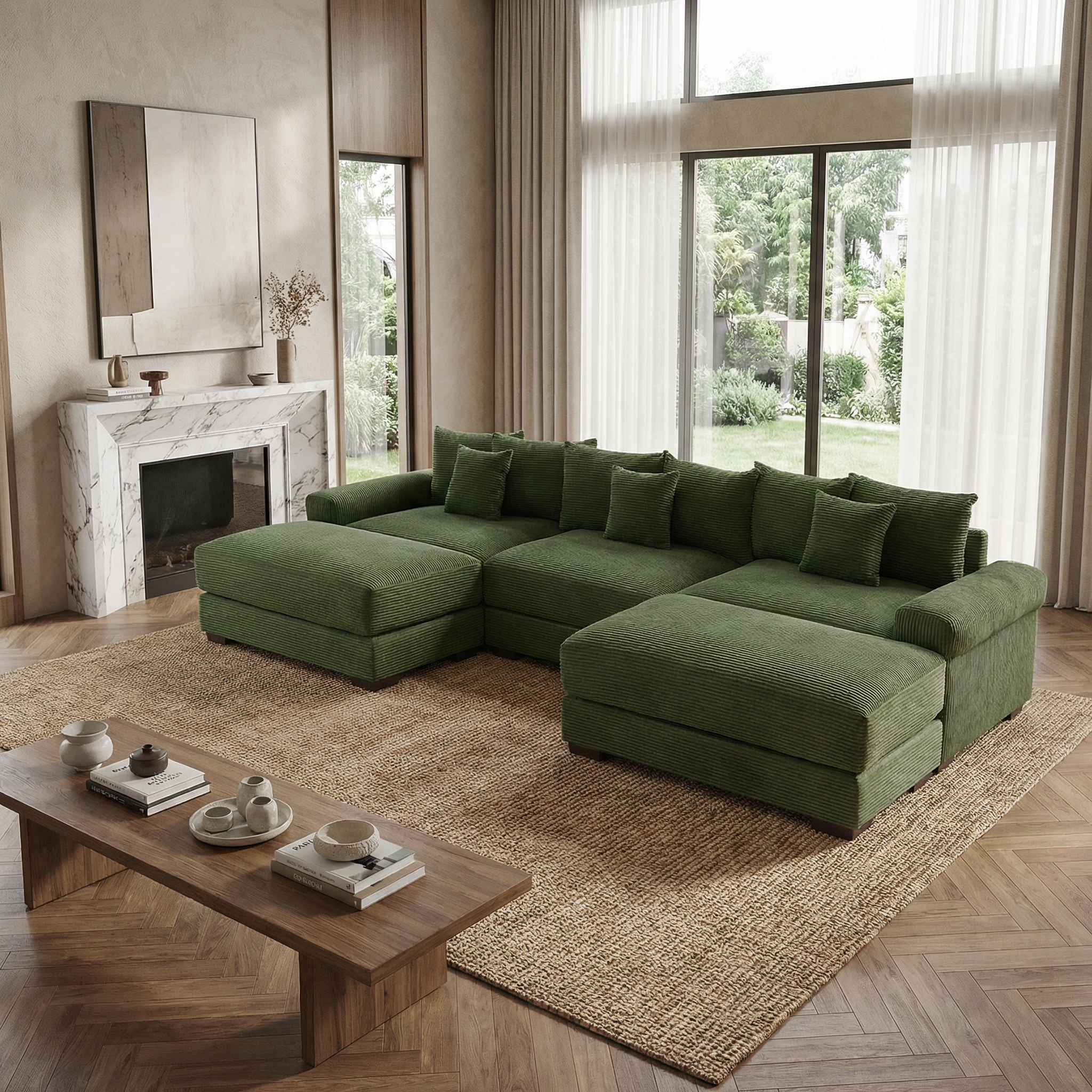 Albany 130" Modular Corduroy Cloud U-Shaped Sectional Sofa with Ottomans