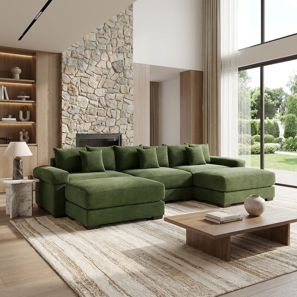 Albany 130" Modular Corduroy Cloud U-Shaped Sectional Sofa with Ottomans
