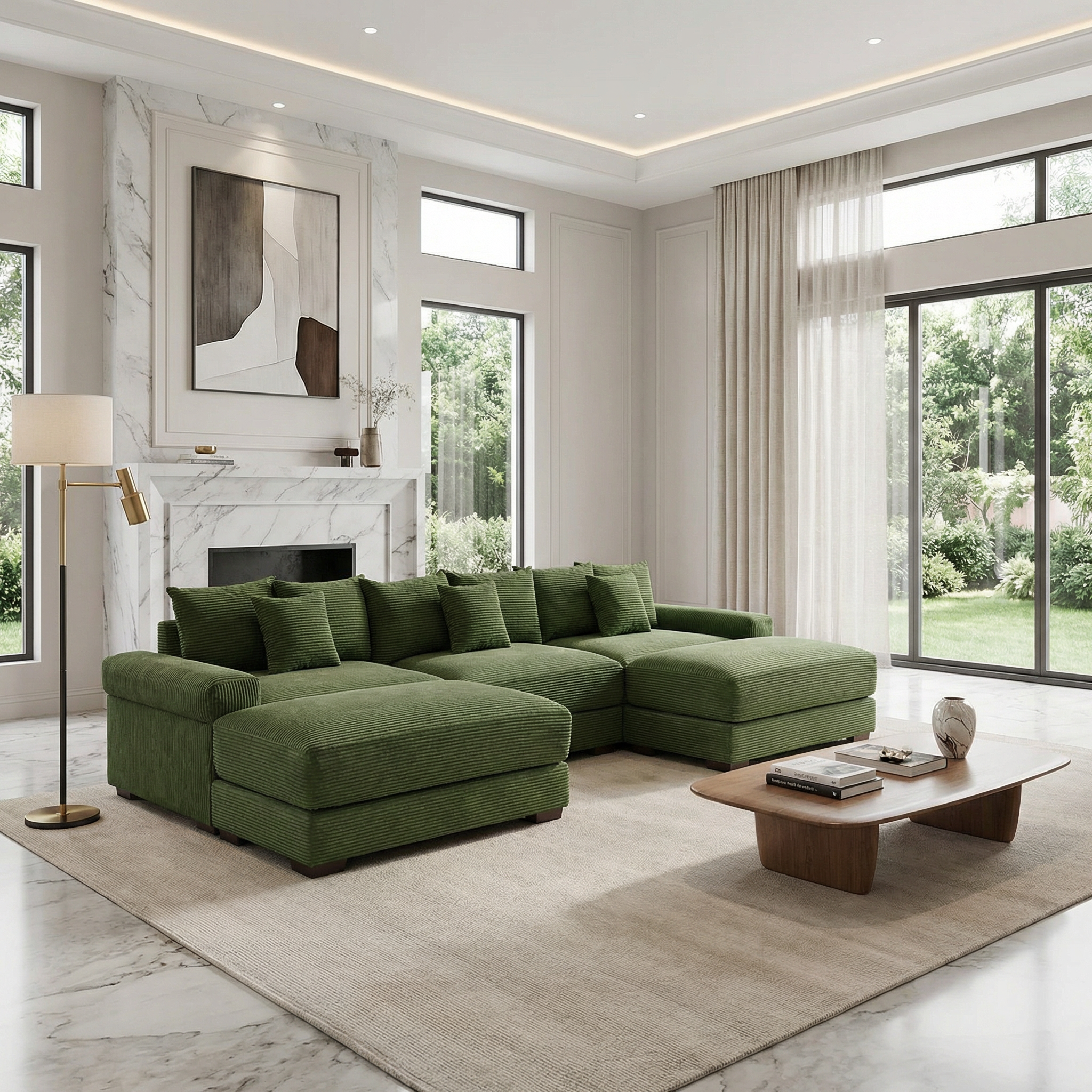Albany 130" Modular Corduroy Cloud U-Shaped Sectional Sofa with Ottomans