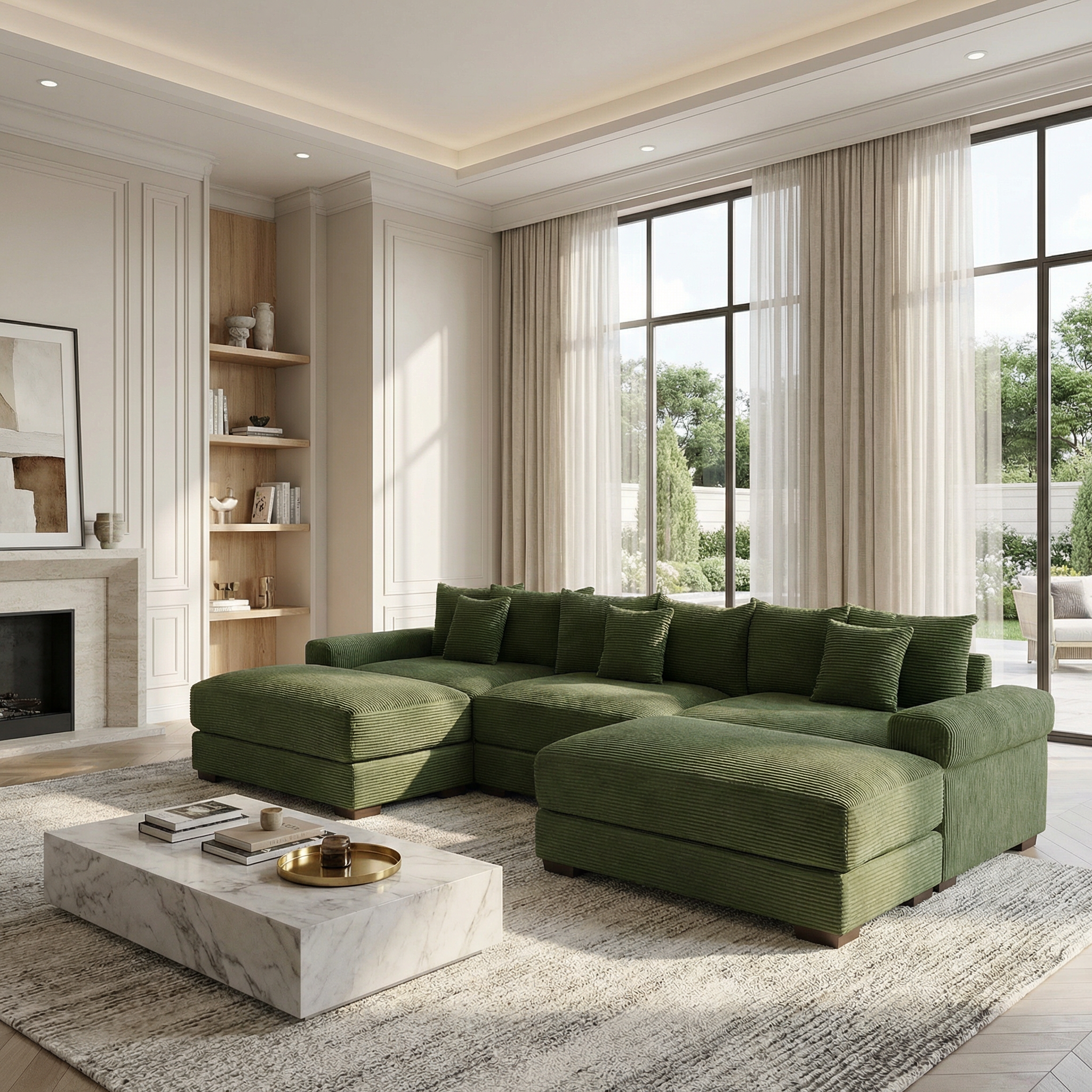 Albany 130" Modular Corduroy Cloud U-Shaped Sectional Sofa with Ottomans