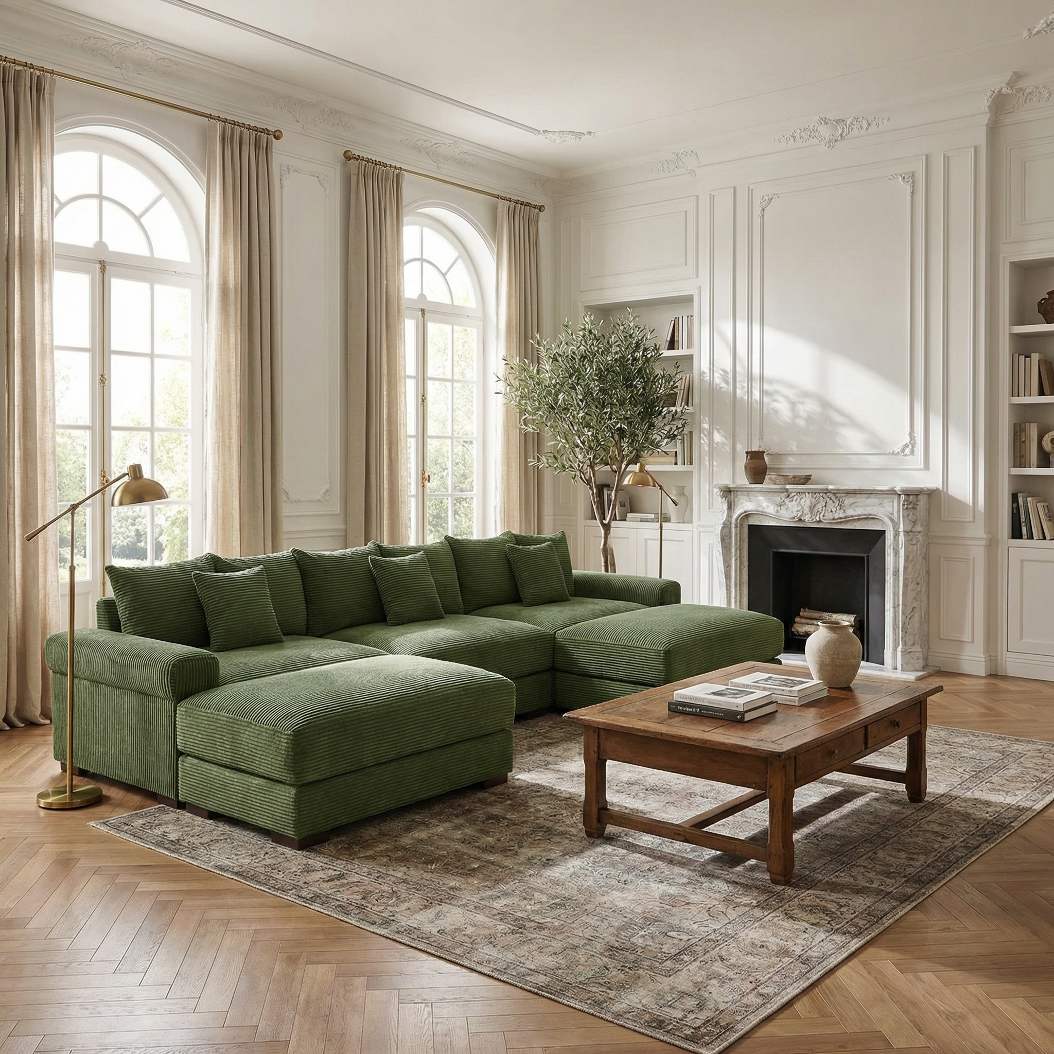 Albany 130" Modular Corduroy Cloud U-Shaped Sectional Sofa with Ottomans