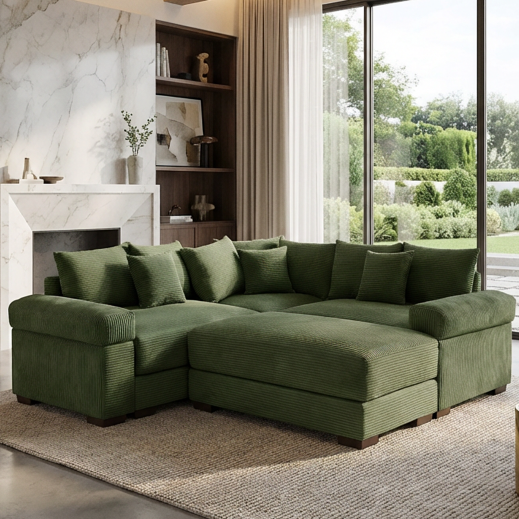 Albany 79" 4 Pieces Corduroy Modular Corner Sectional Sofa with Ottoman