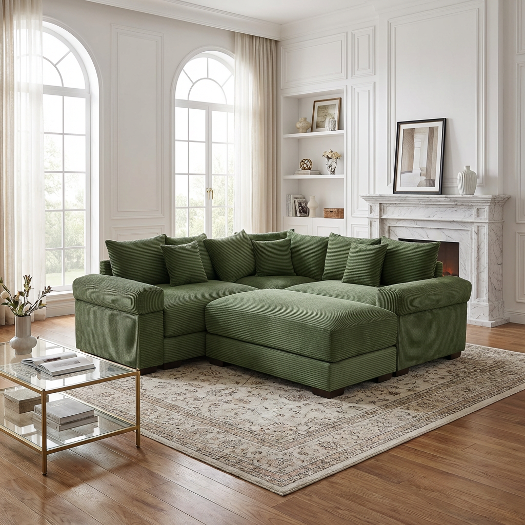 Albany 79" 4 Pieces Corduroy Modular Corner Sectional Sofa with Ottoman