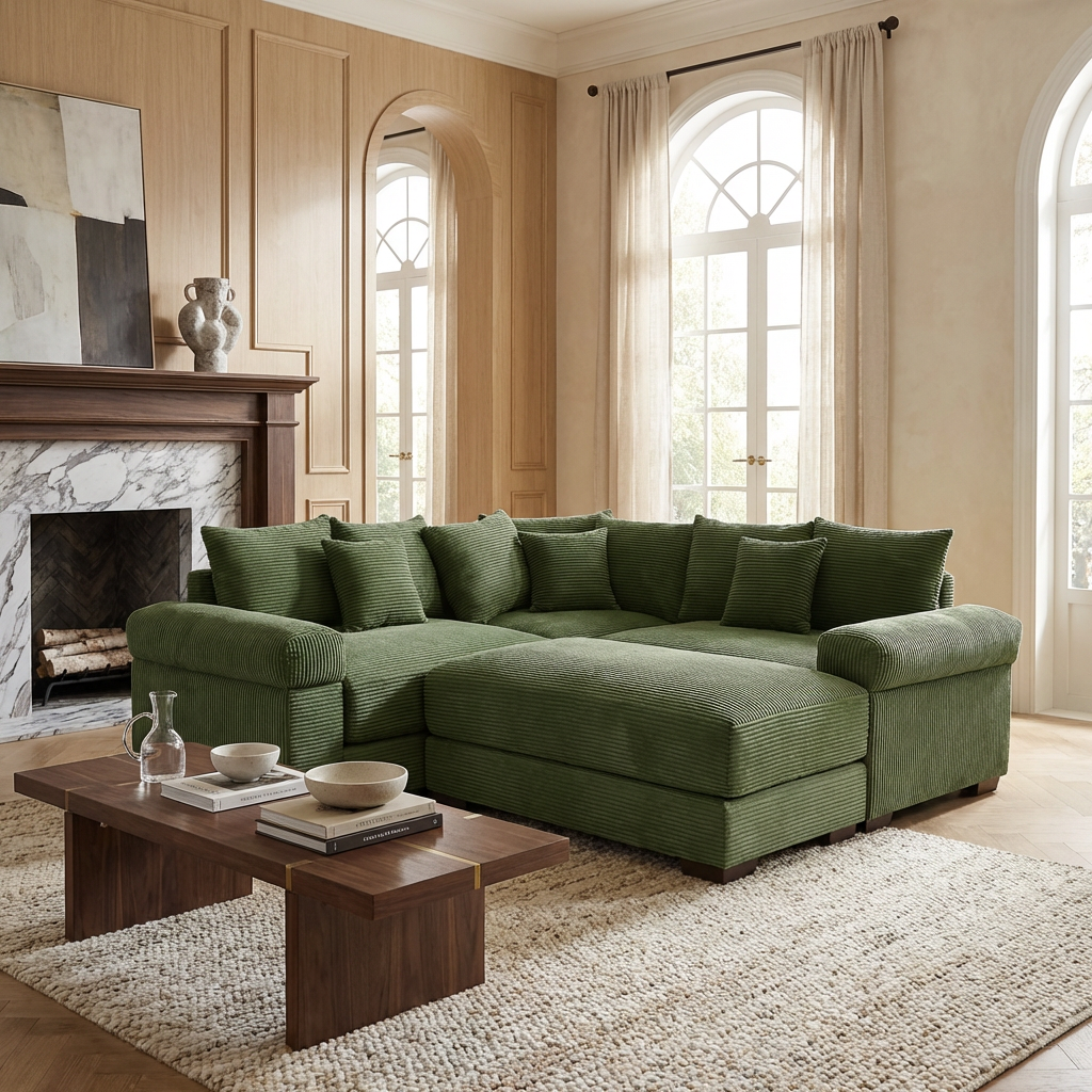 Albany 79" 4 Pieces Corduroy Modular Corner Sectional Sofa with Ottoman