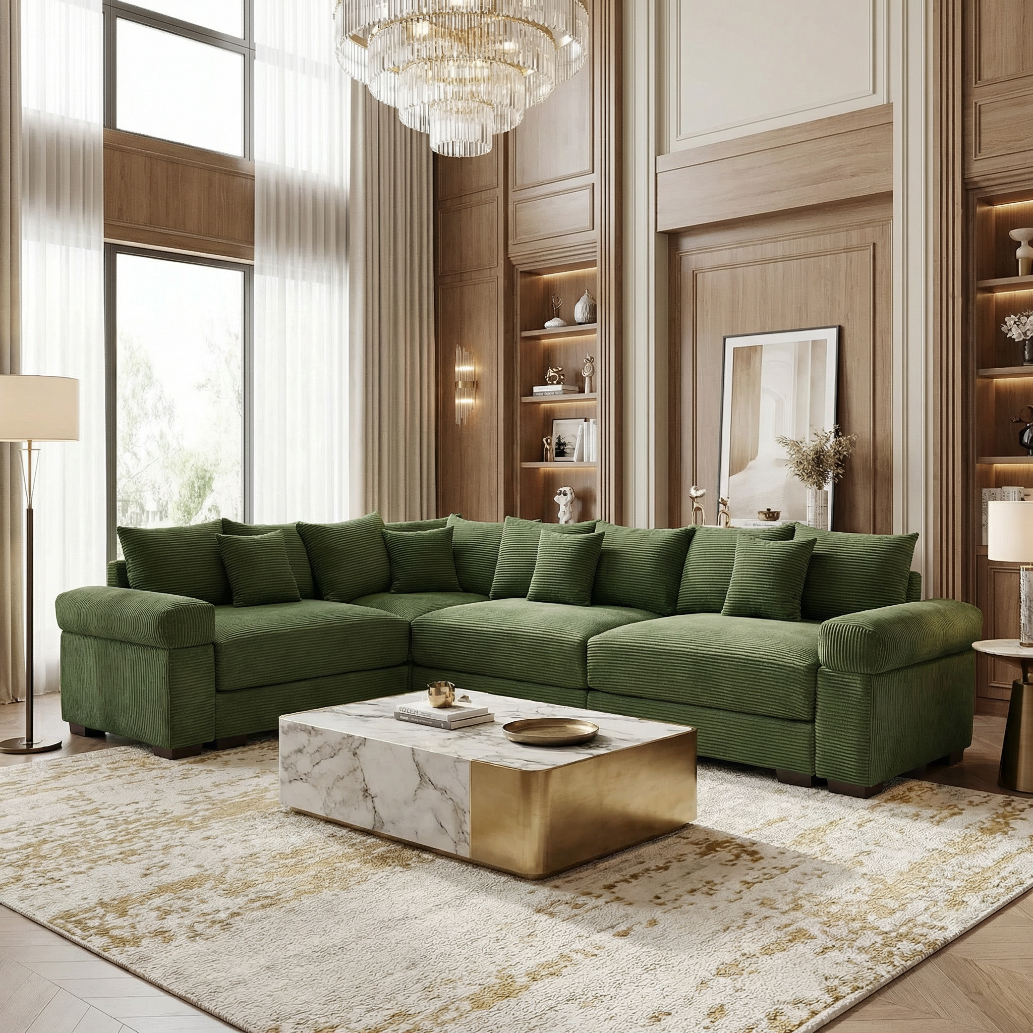 Albany 130" Corduroy Modular L-Shaped Sectional Sofa with Throw Pillows