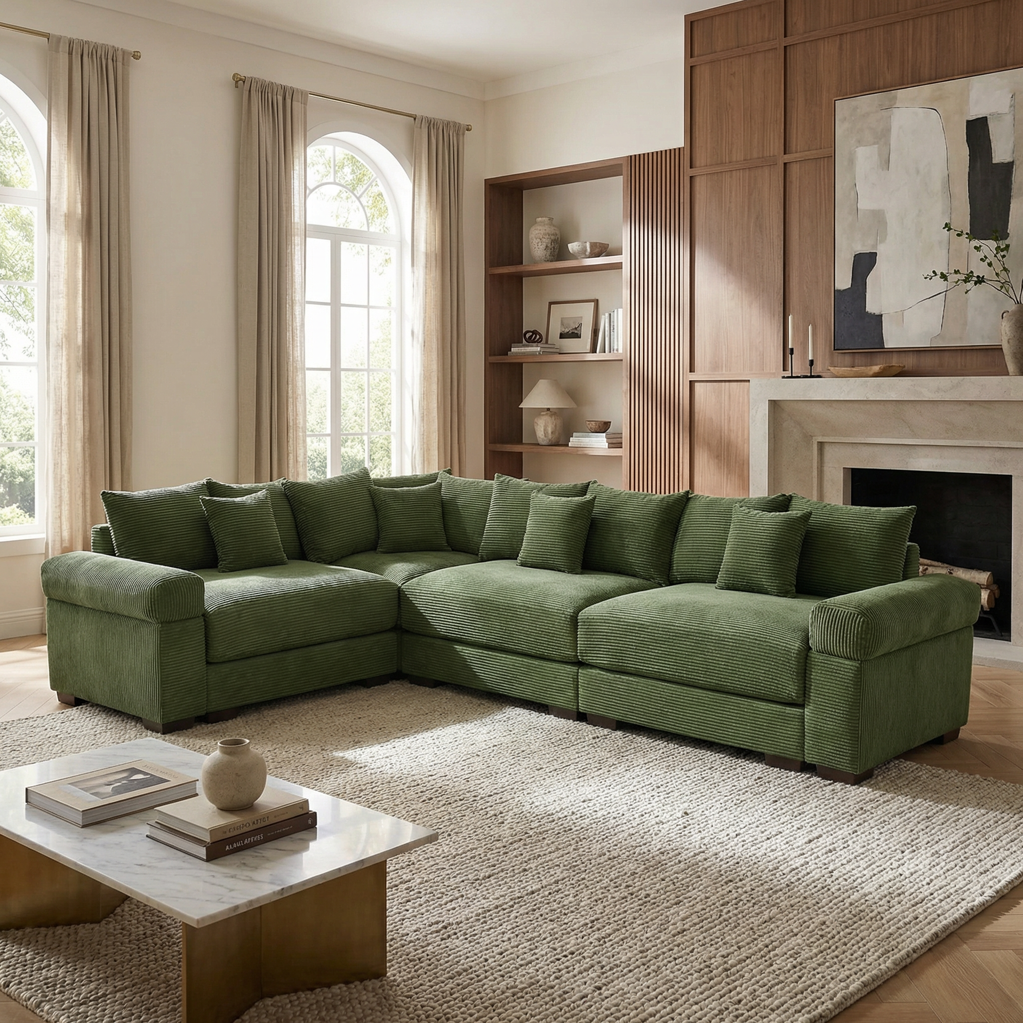 Albany 130" Corduroy Modular L-Shaped Sectional Sofa with Throw Pillows
