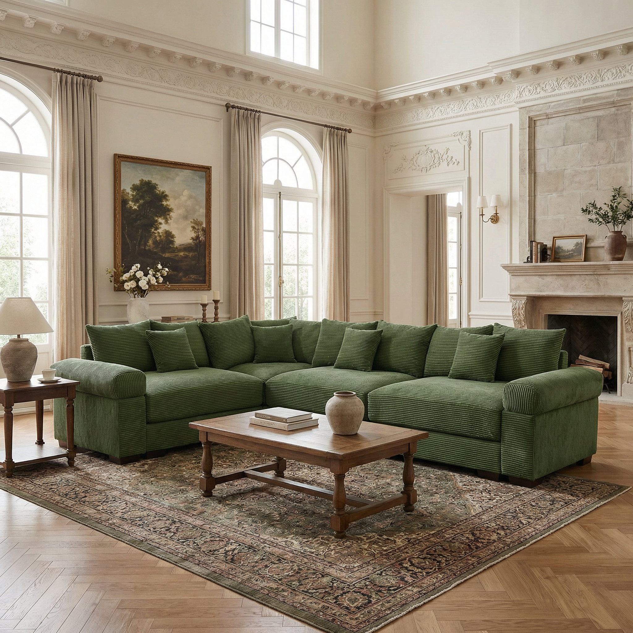 Albany 130" Corduroy Modular L-Shaped Sectional Sofa with Throw Pillows