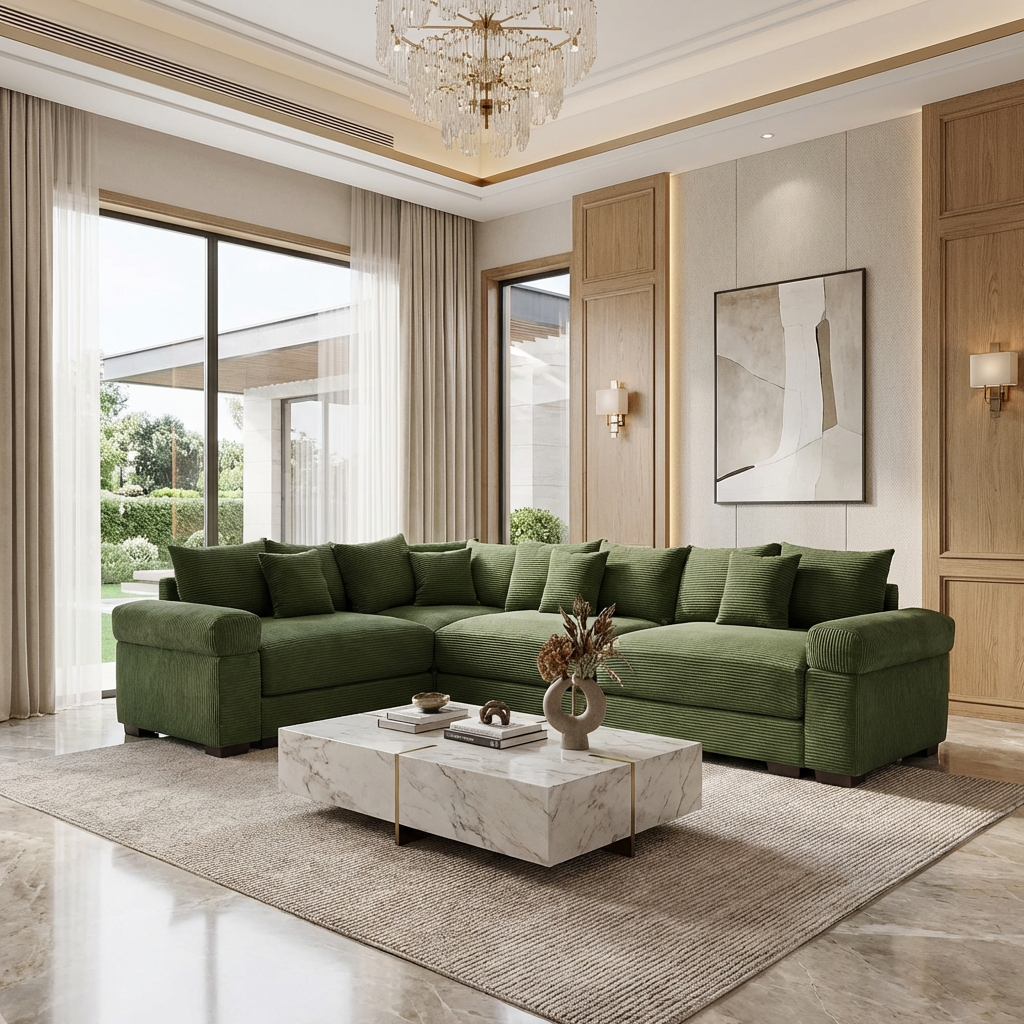 Albany 130" Corduroy Modular L-Shaped Sectional Sofa with Throw Pillows