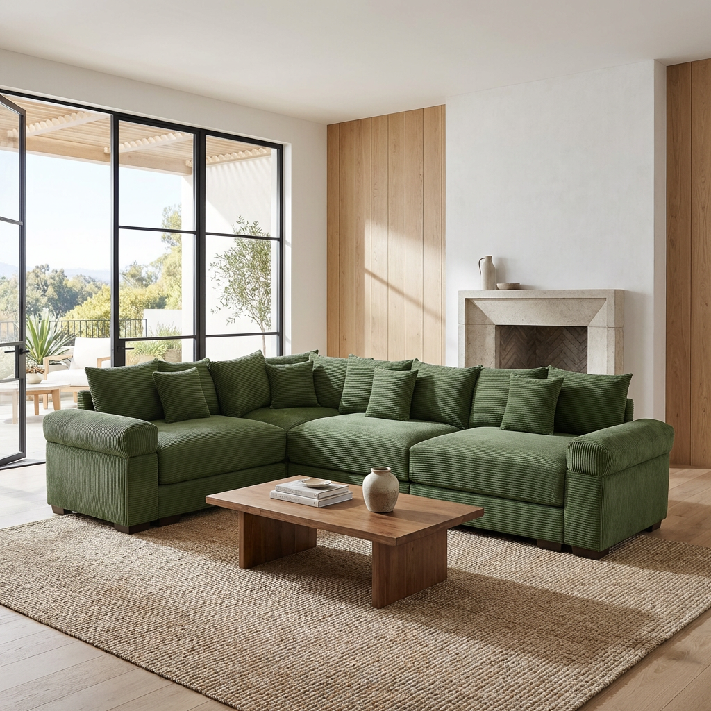 Albany 130" Corduroy Modular L-Shaped Sectional Sofa with Throw Pillows