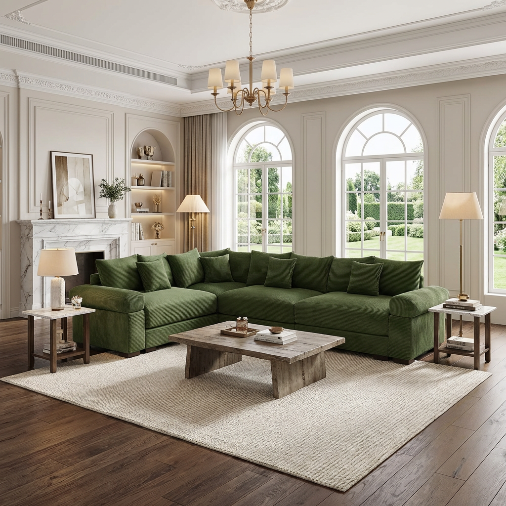 Albany 130" Corduroy Modular L-Shaped Sectional Sofa with Throw Pillows