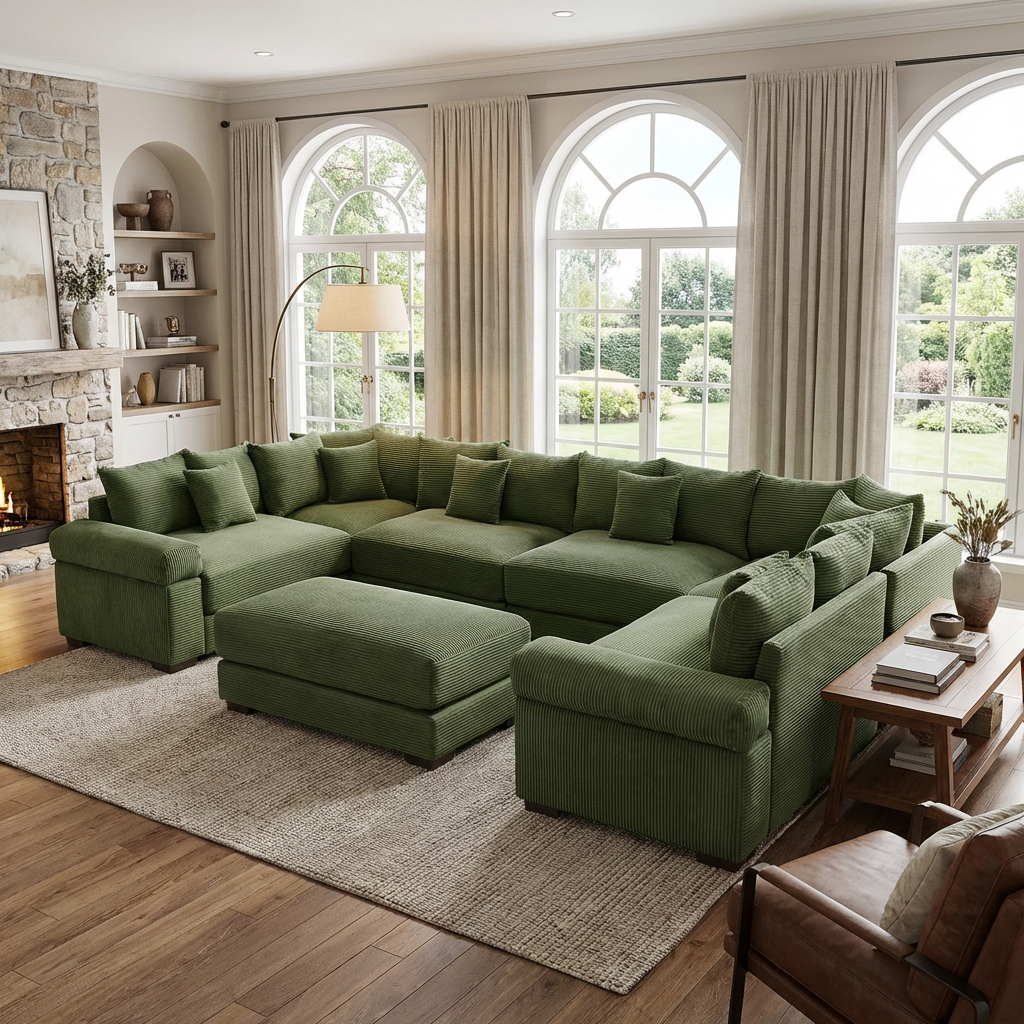 Albany 138" Oversized 7 Pieces Modular Corduroy U-Shaped Sectional Sofa with Ottoman