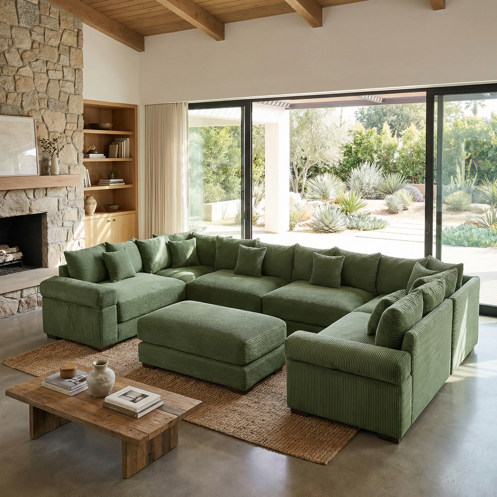 Albany 138" Oversized 7 Pieces Modular Corduroy U-Shaped Sectional Sofa with Ottoman