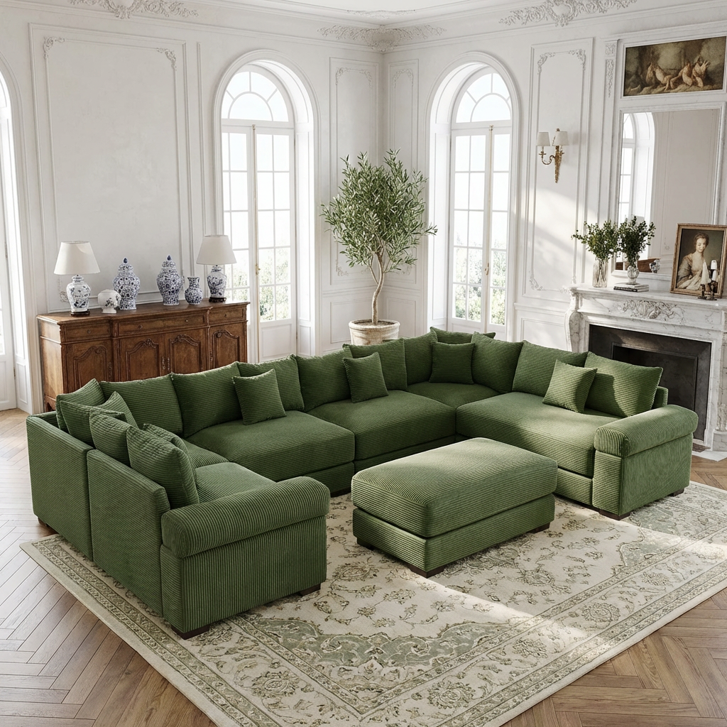Albany 138" Oversized 7 Pieces Modular Corduroy U-Shaped Sectional Sofa with Ottoman