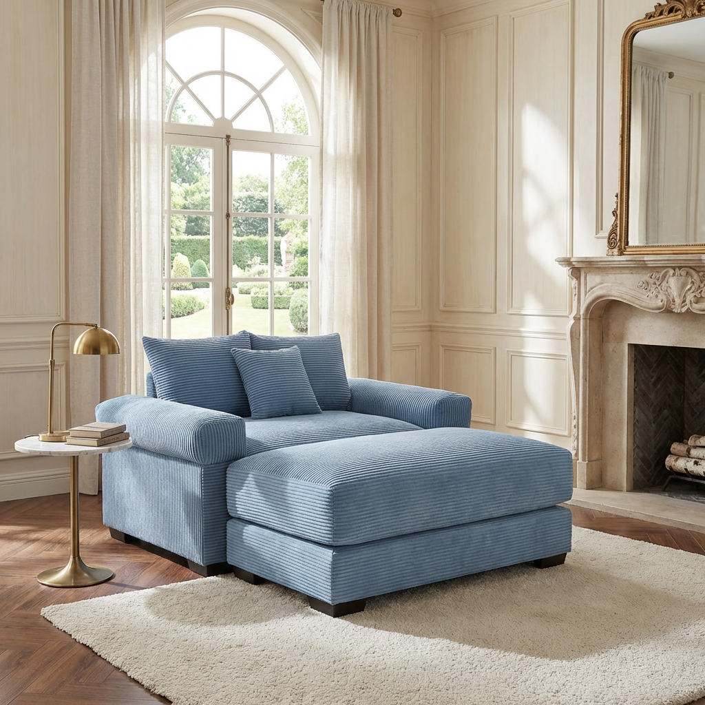 Albany 54" 2 Piece Corduroy Armchair Accent Chair with Ottoman and Extra-Thick Armrests