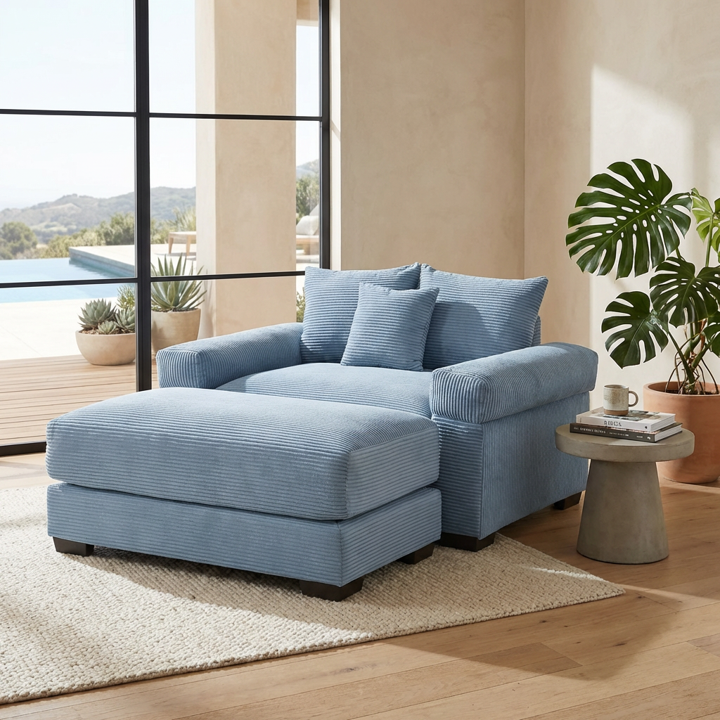 Albany 54" 2 Piece Corduroy Armchair Accent Chair with Ottoman and Extra-Thick Armrests
