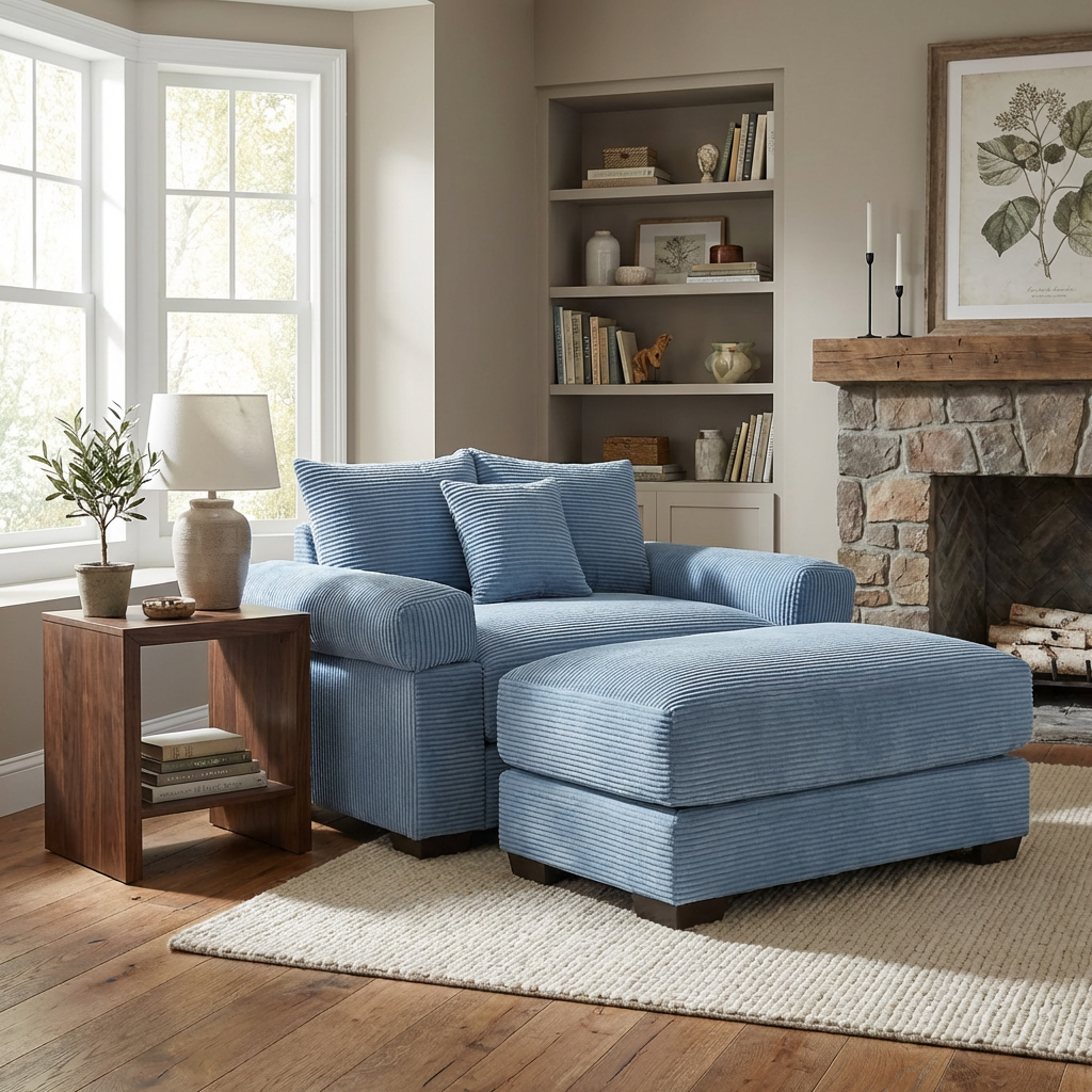 Albany 54" 2 Piece Corduroy Armchair Accent Chair with Ottoman and Extra-Thick Armrests