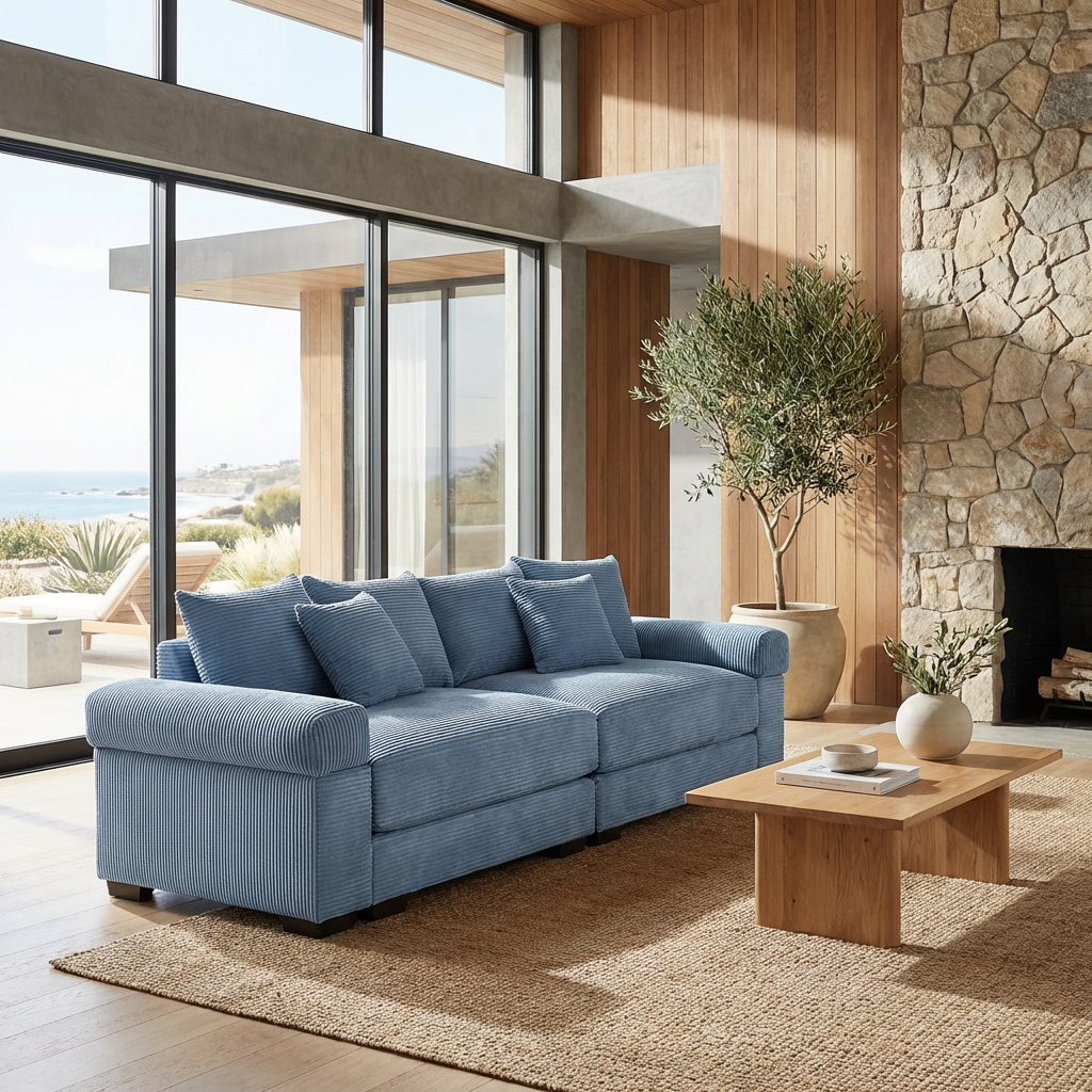Albany 92" Modular Corduroy Cloud 3-Seater Sofa with Extra-Wide Armrests
