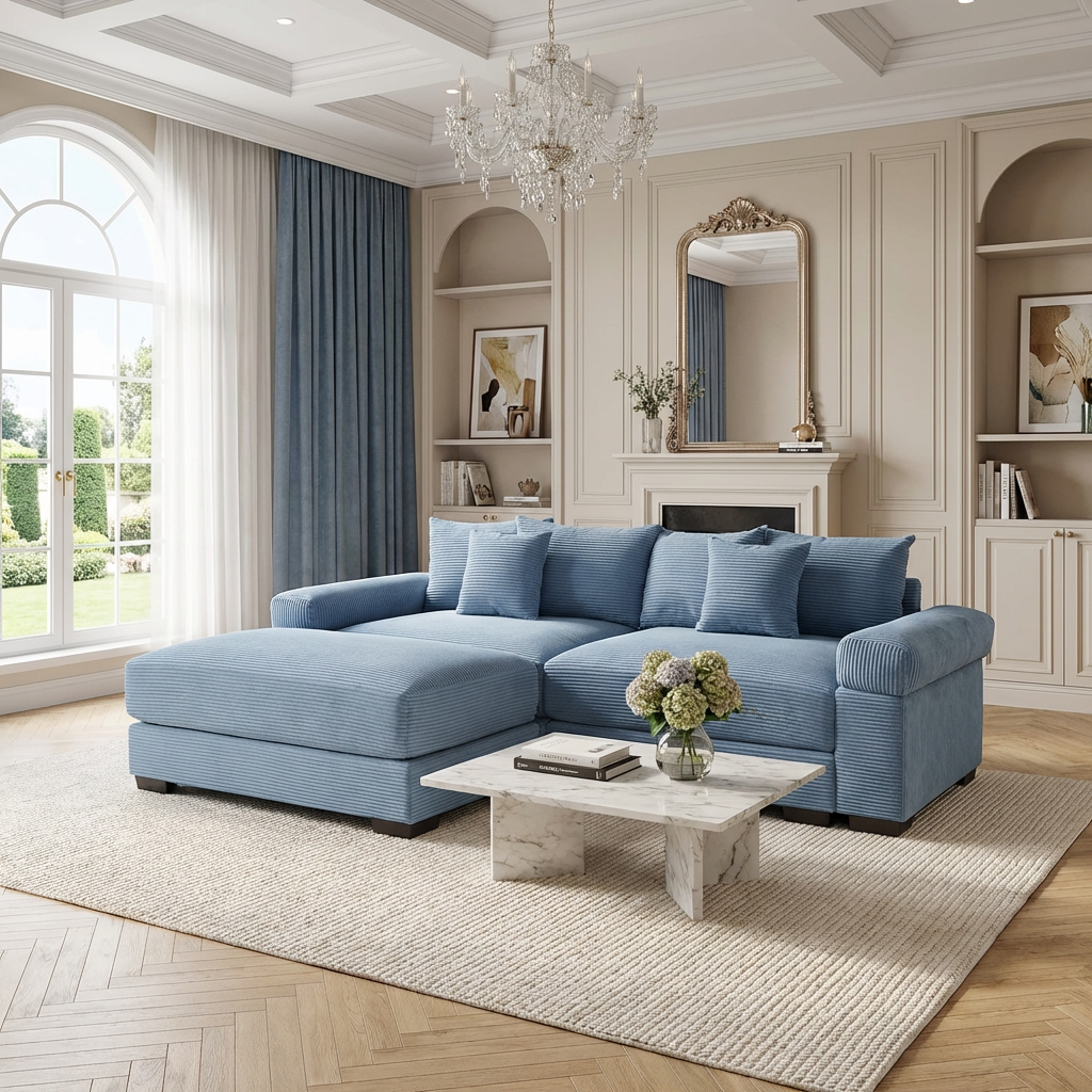 Albany 92" Modular Corduroy Cloud L-Shaped Sectional Sofa with Ottoman