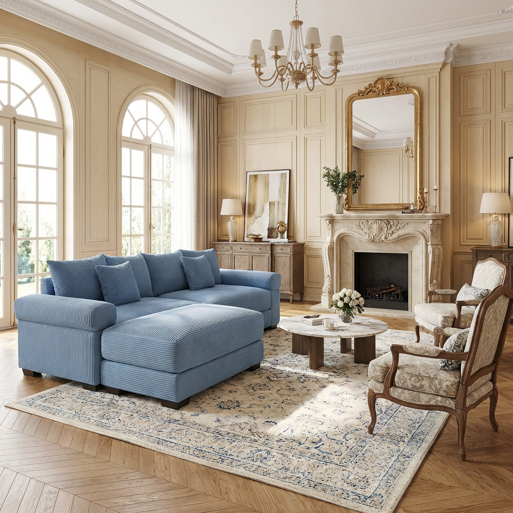 Albany 92" Modular Corduroy Cloud L-Shaped Sectional Sofa with Ottoman