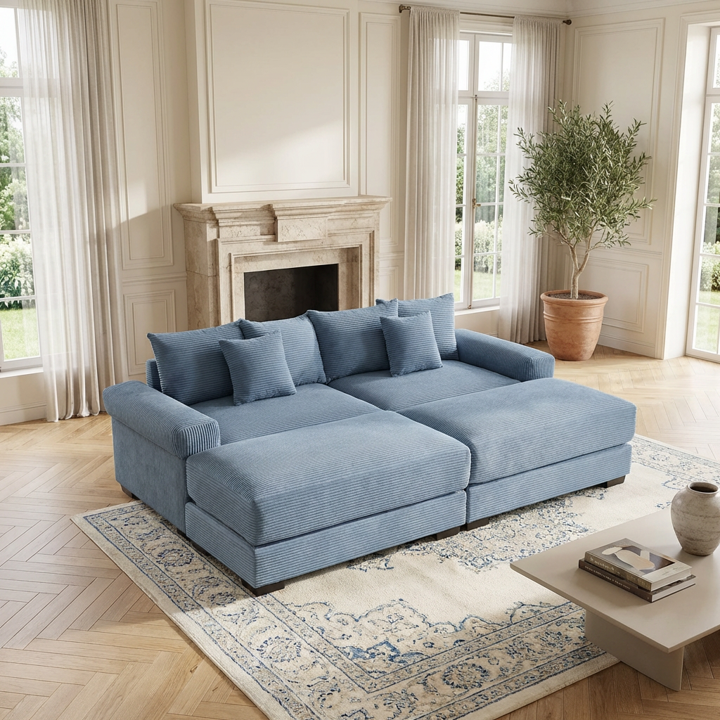 Albany 92" 4 Pieces Corduroy Oversized Modular Sofa with Ottomans