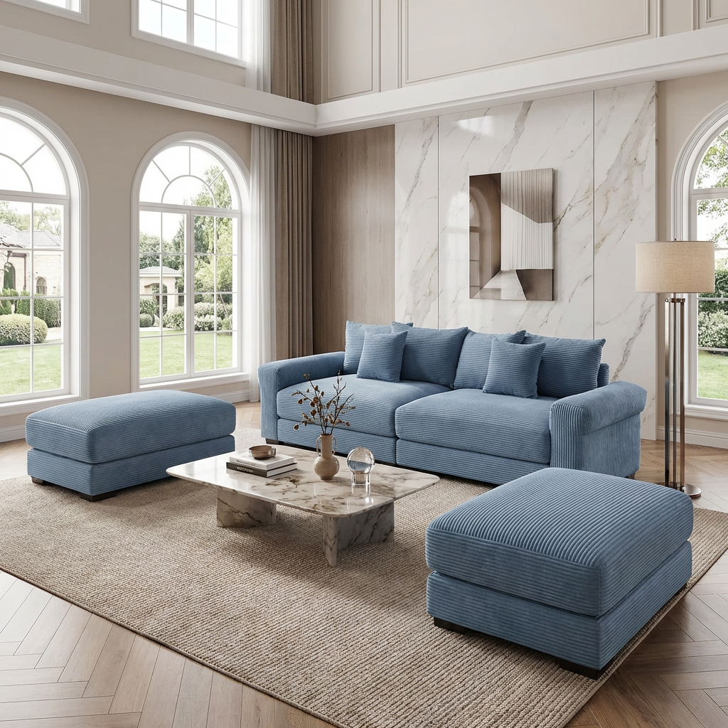 Albany 92" 4 Pieces Corduroy Oversized Modular Sofa with Ottomans