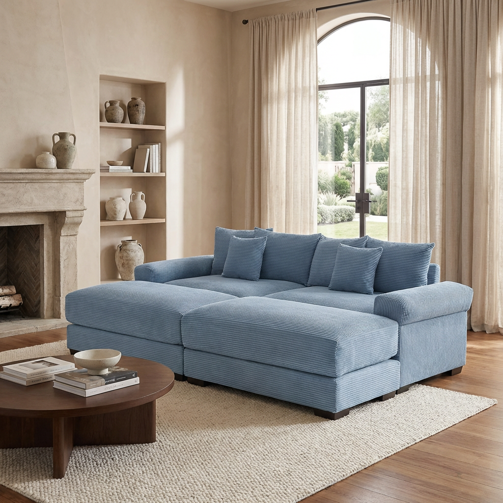 Albany 92" 4 Pieces Corduroy Oversized Modular Sofa with Ottomans