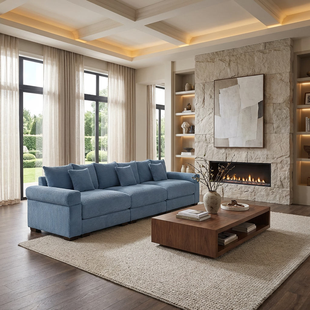 Albany 130" Modular Corduroy Cloud 4-Seater Sofa with Extra-Thick Armrests