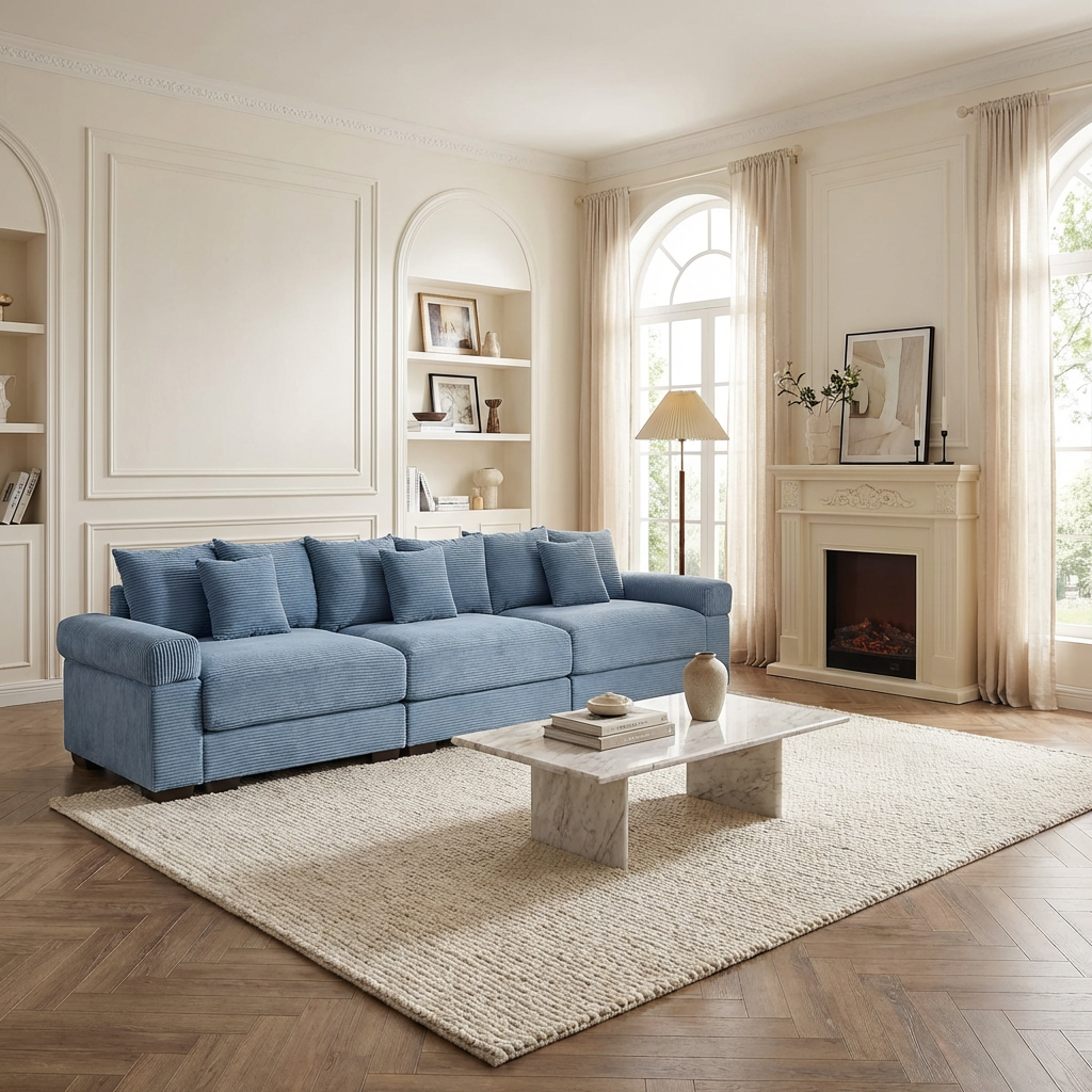 Albany 130" Modular Corduroy Cloud 4-Seater Sofa with Extra-Thick Armrests