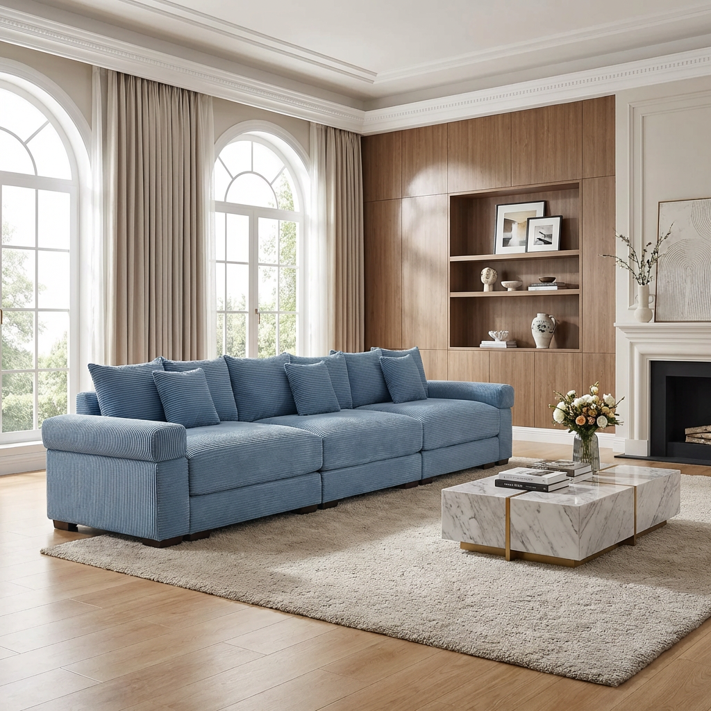 Albany 130" Modular Corduroy Cloud 4-Seater Sofa with Extra-Thick Armrests