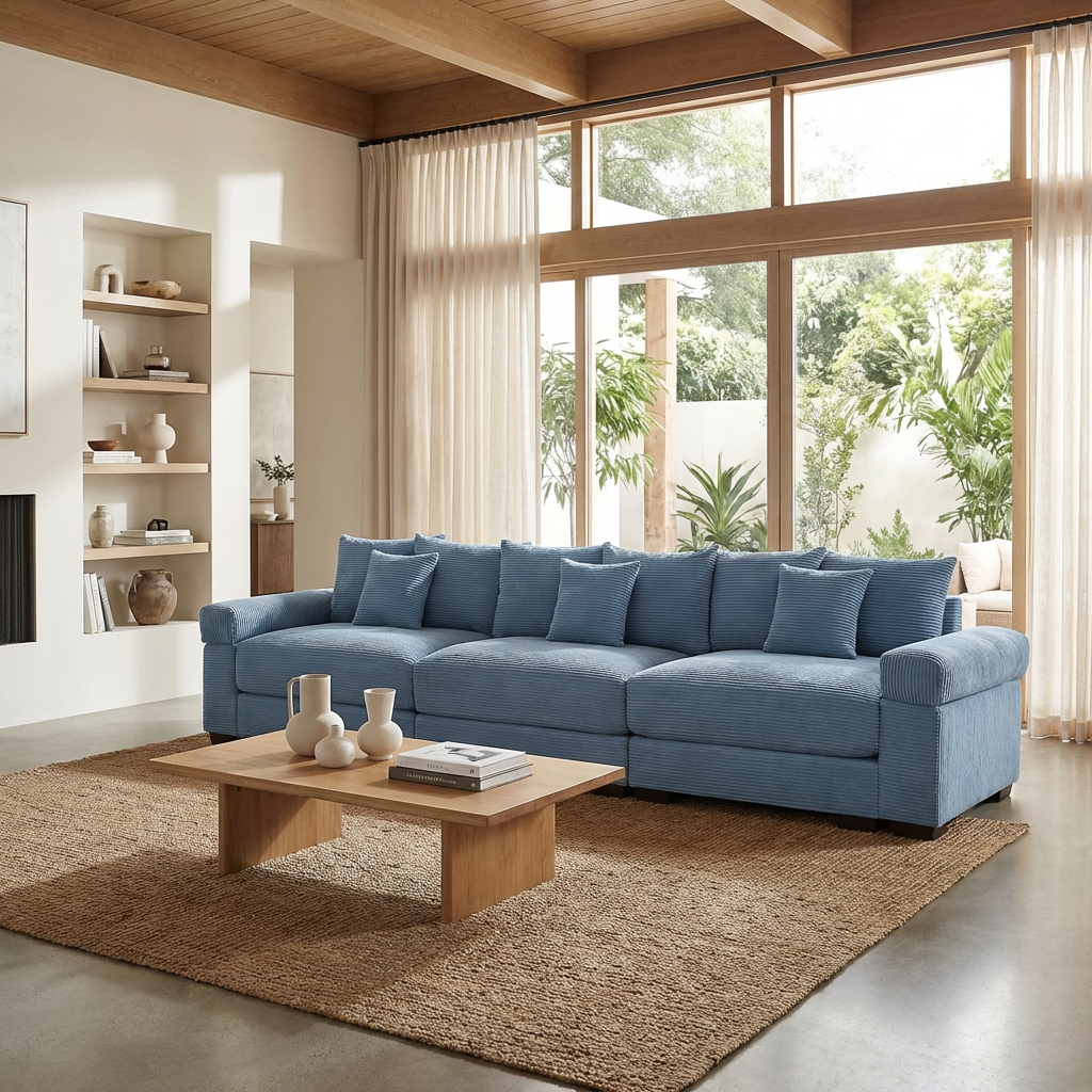 Albany 130" Modular Corduroy Cloud 4-Seater Sofa with Extra-Thick Armrests