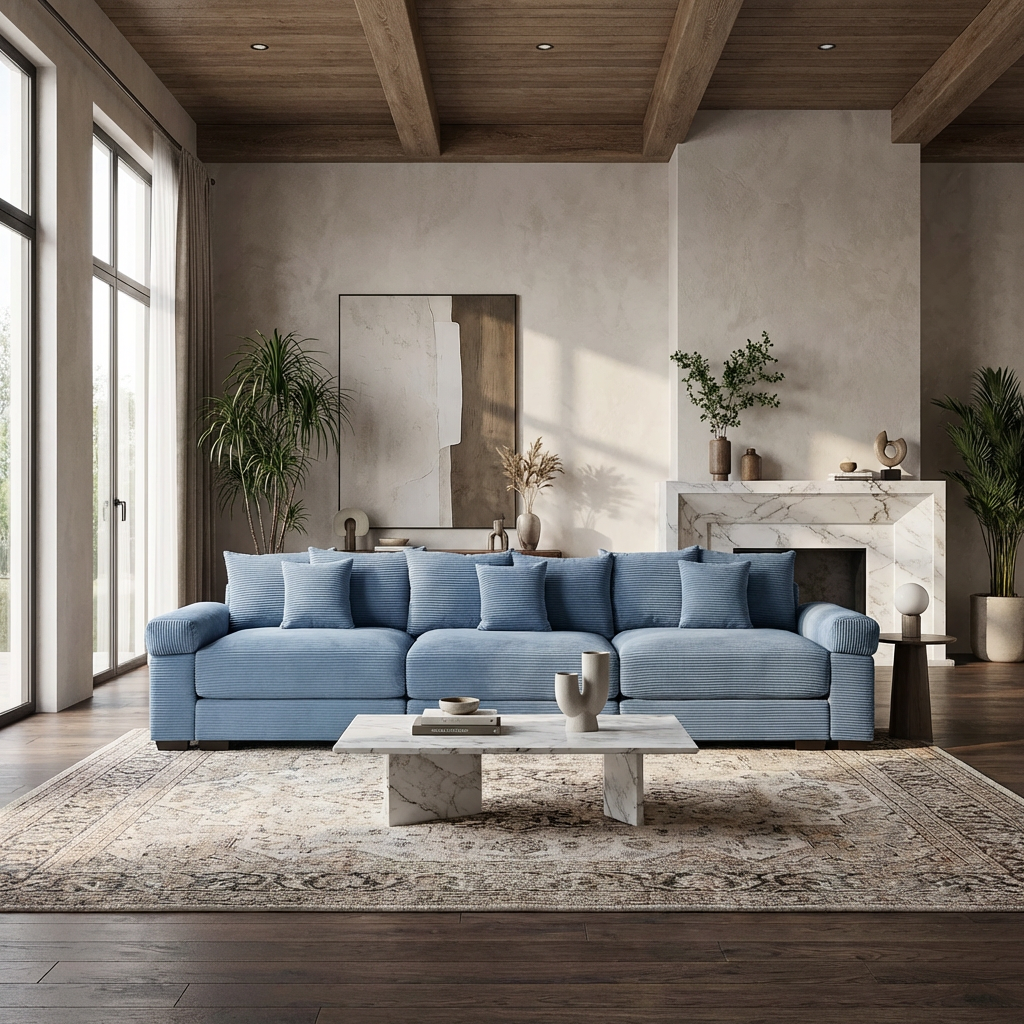 Albany 130" Modular Corduroy Cloud 4-Seater Sofa with Extra-Thick Armrests