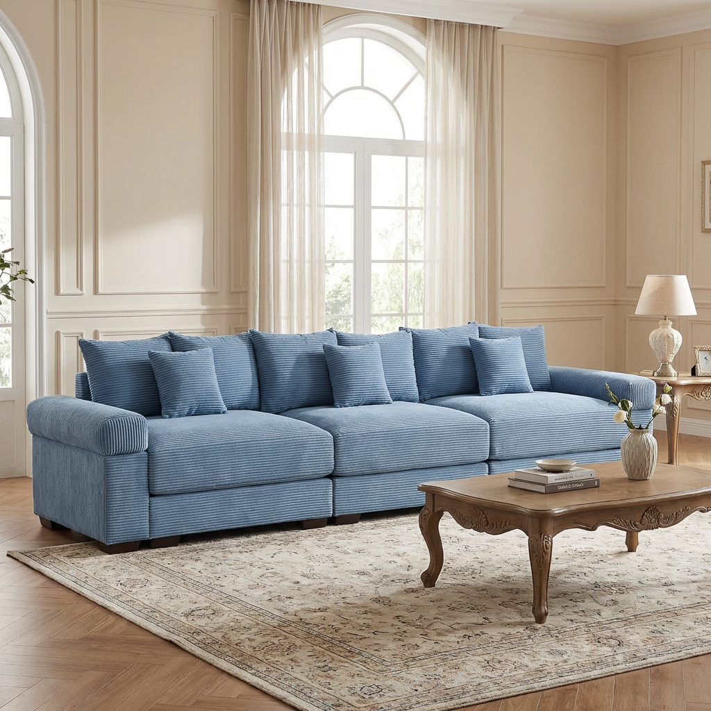 Albany 130" Modular Corduroy Cloud 4-Seater Sofa with Extra-Thick Armrests