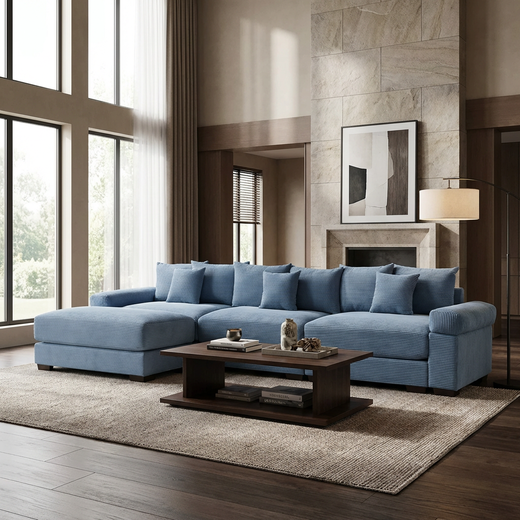 Albany 130" Modular Corduroy Oversized Cloud L-Shaped Sectional Sofa with Ottoman
