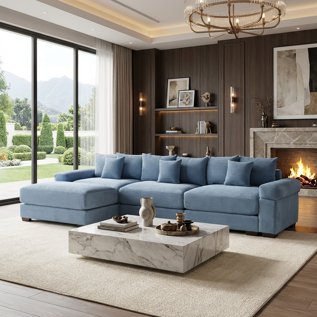 Albany 130" Modular Corduroy Oversized Cloud L-Shaped Sectional Sofa with Ottoman