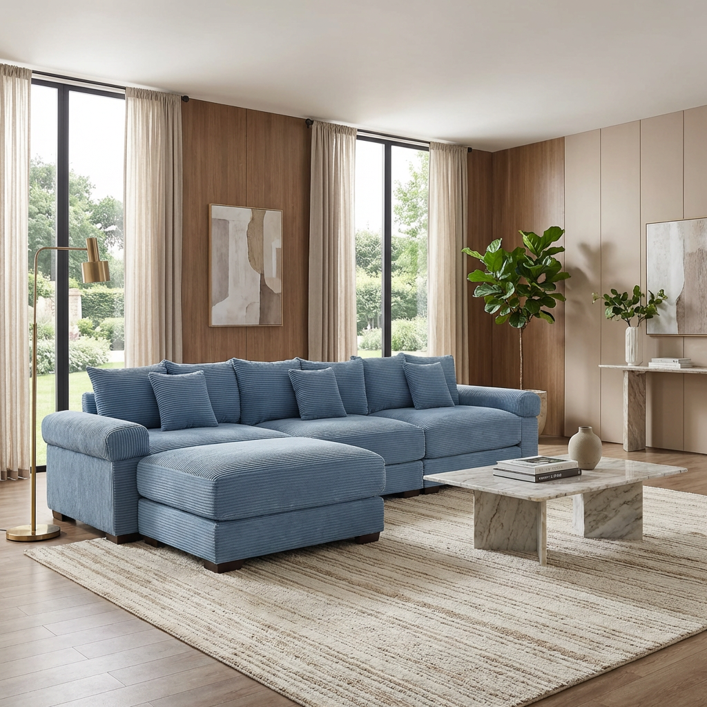 Albany 130" Modular Corduroy Oversized Cloud L-Shaped Sectional Sofa with Ottoman