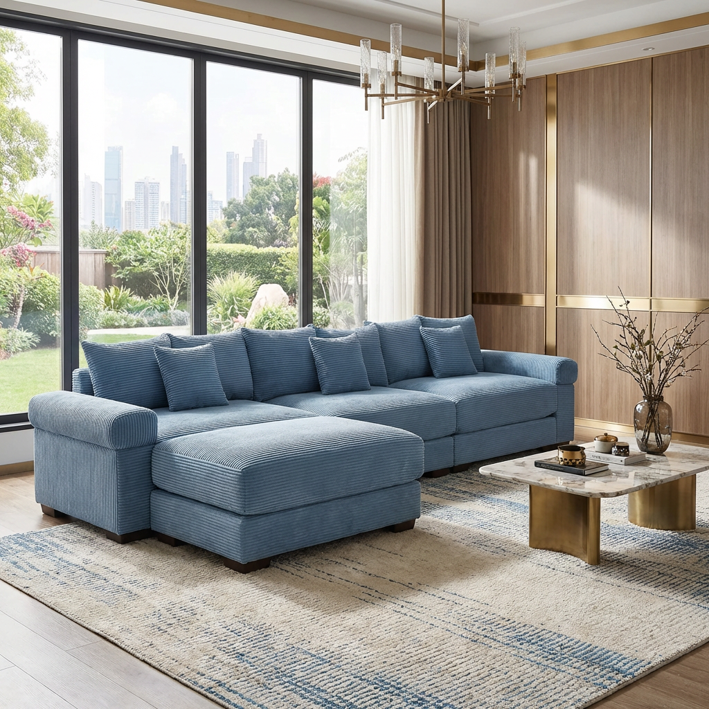 Albany 130" Modular Corduroy Oversized Cloud L-Shaped Sectional Sofa with Ottoman