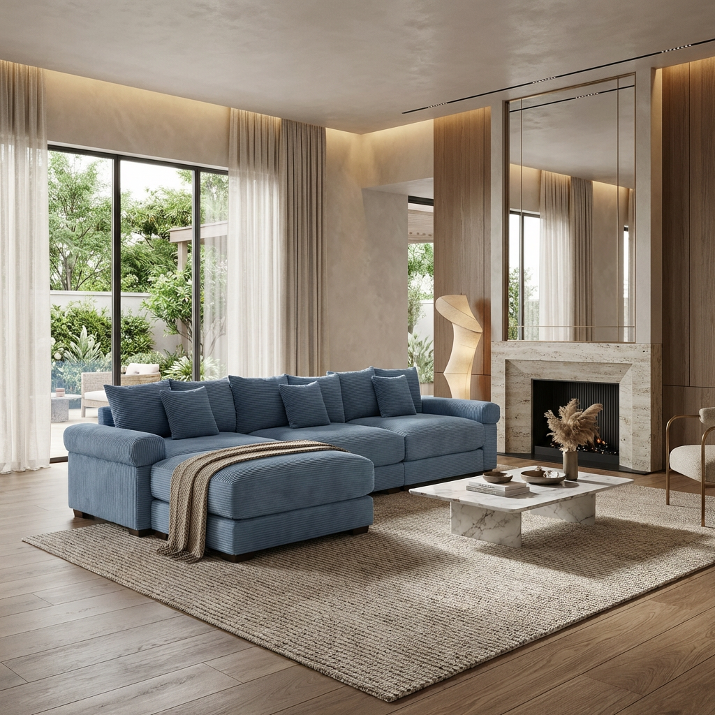 Albany 130" Modular Corduroy Oversized Cloud L-Shaped Sectional Sofa with Ottoman