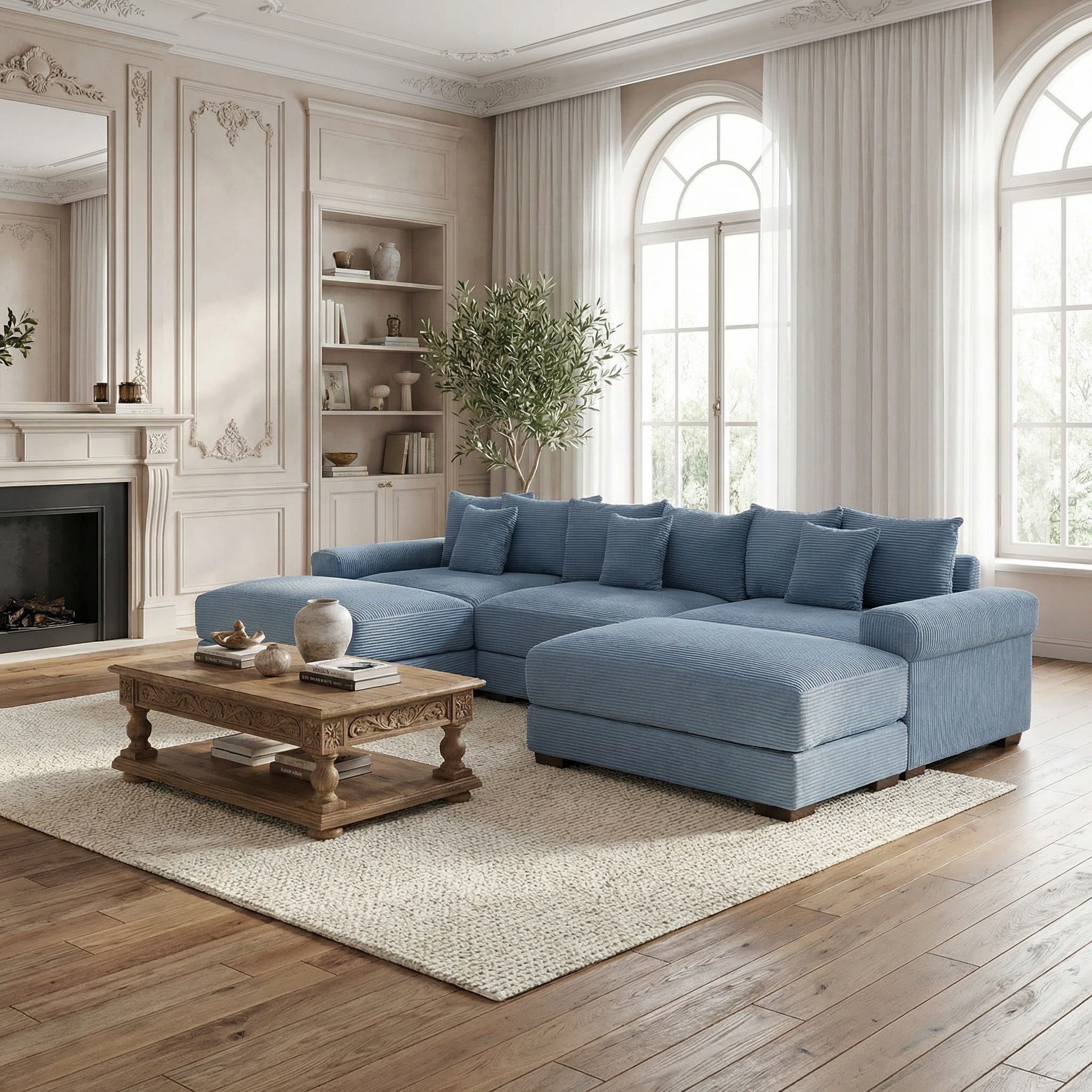 Albany 130" Modular Corduroy Cloud U-Shaped Sectional Sofa with Ottomans