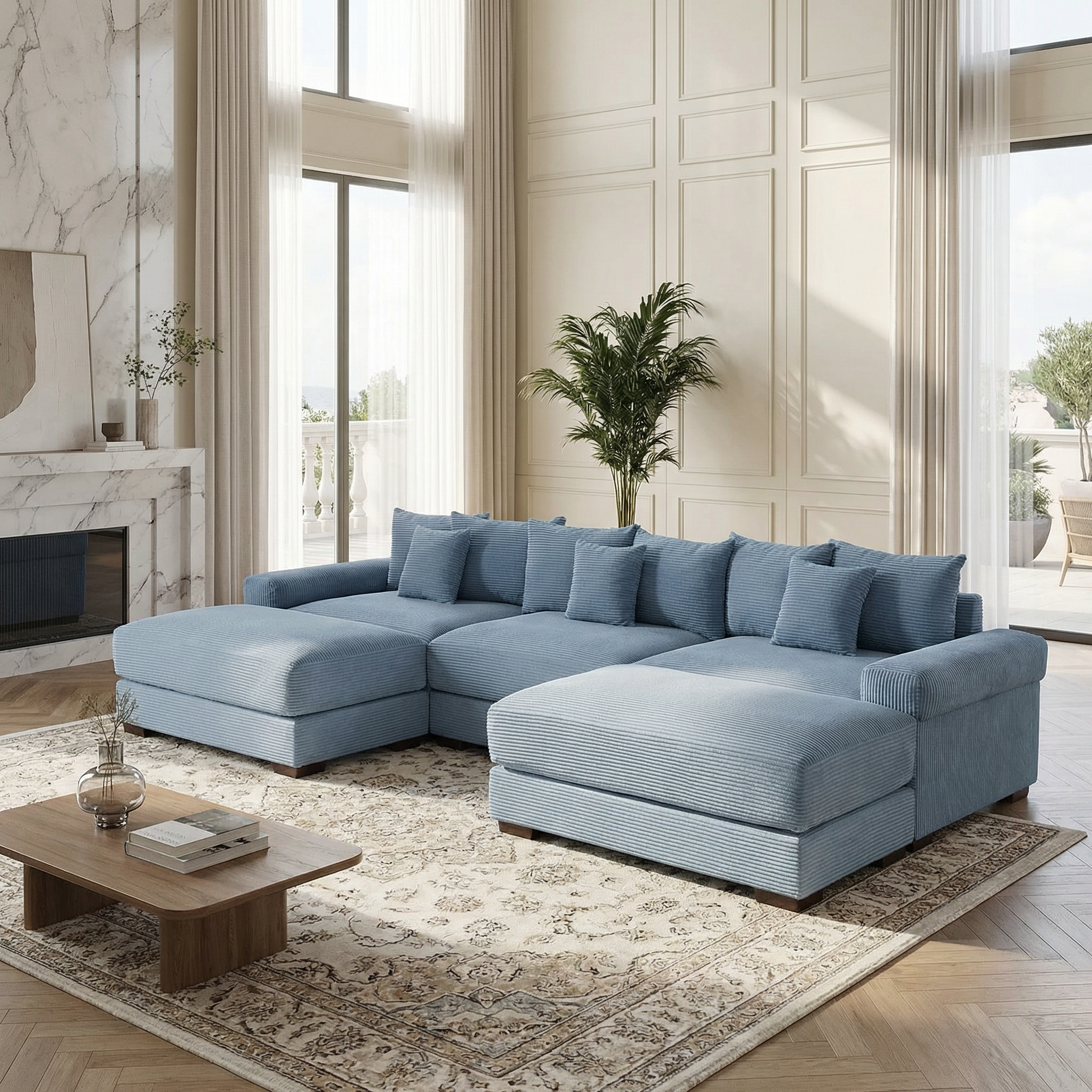 Albany 130" Modular Corduroy Cloud U-Shaped Sectional Sofa with Ottomans