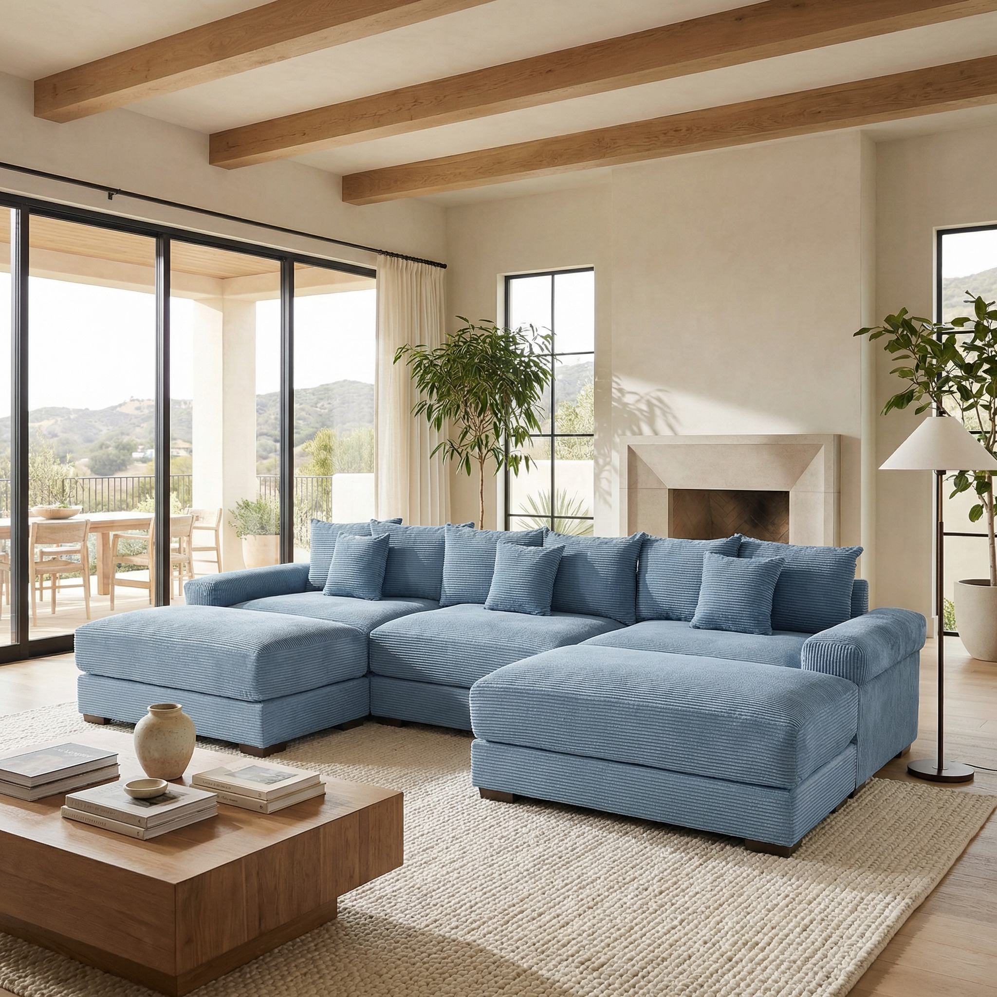 Albany 130" Modular Corduroy Cloud U-Shaped Sectional Sofa with Ottomans