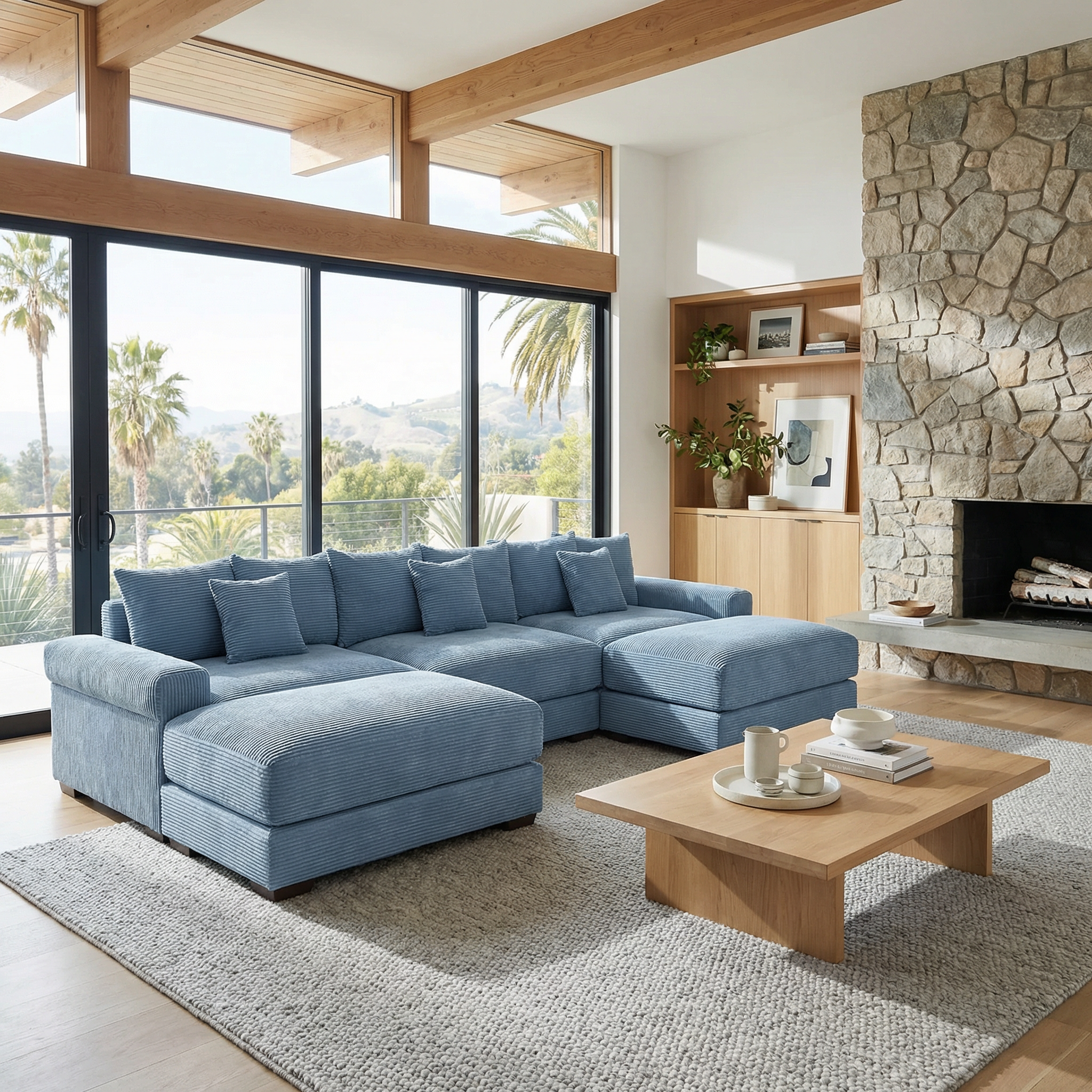Albany 130" Modular Corduroy Cloud U-Shaped Sectional Sofa with Ottomans