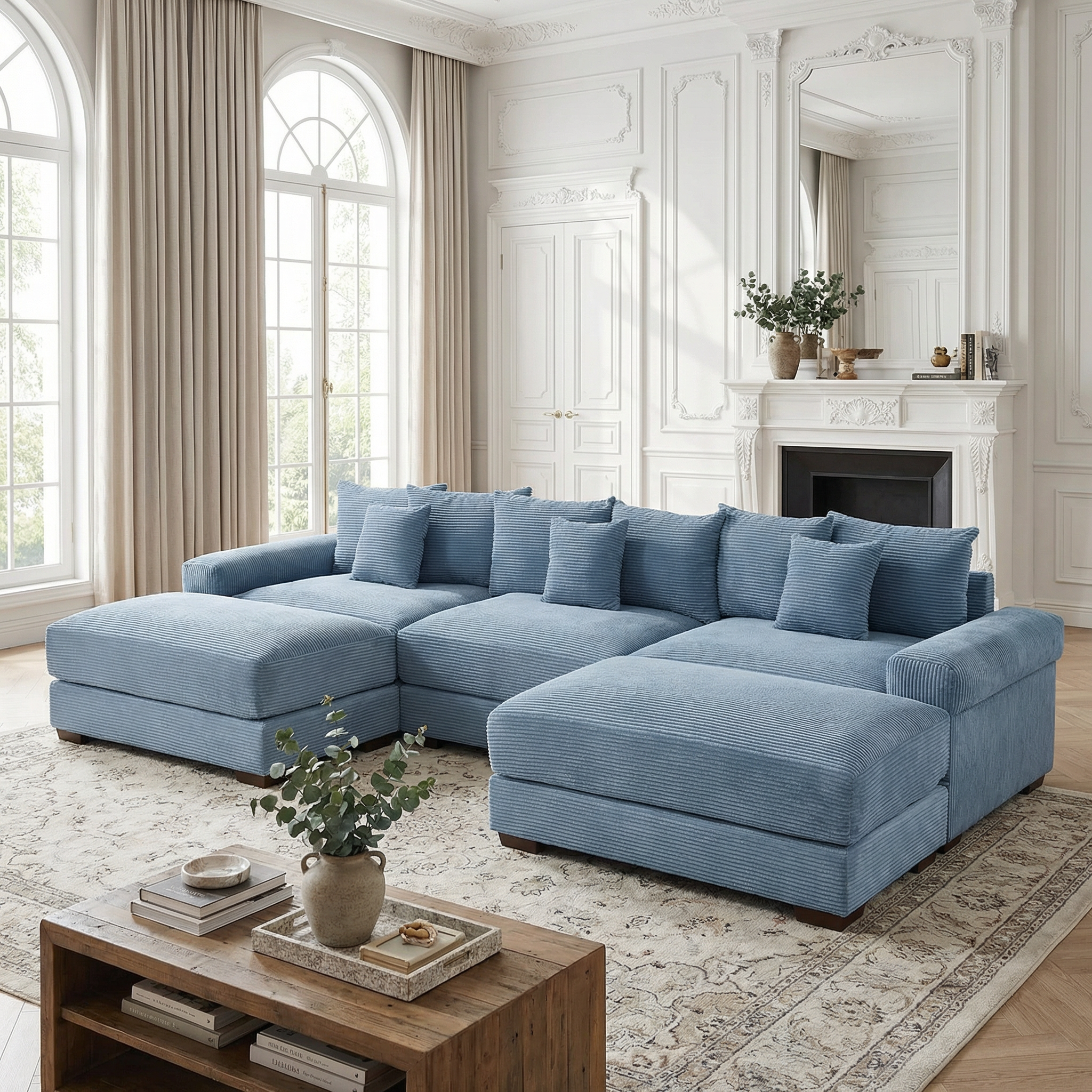 Albany 130" Modular Corduroy Cloud U-Shaped Sectional Sofa with Ottomans