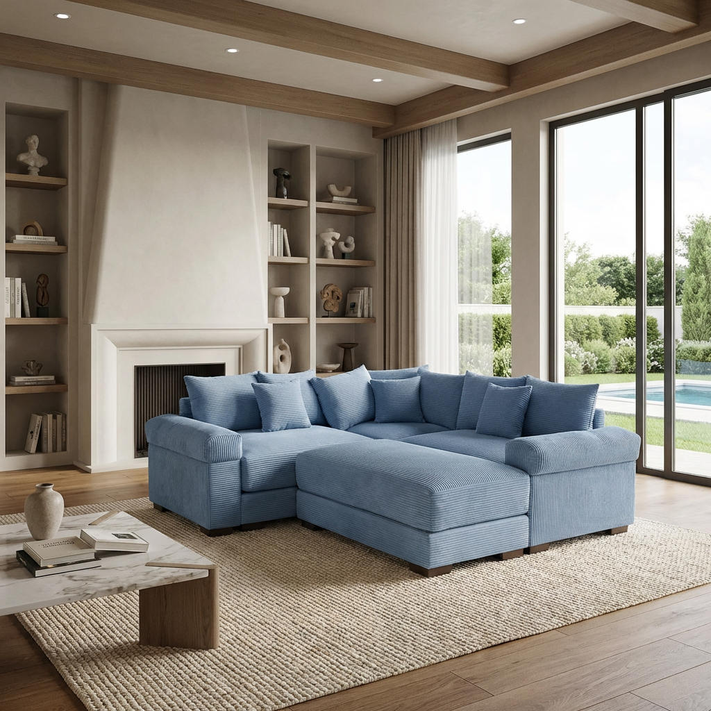 Albany 79" 4 Pieces Corduroy Modular Corner Sectional Sofa with Ottoman